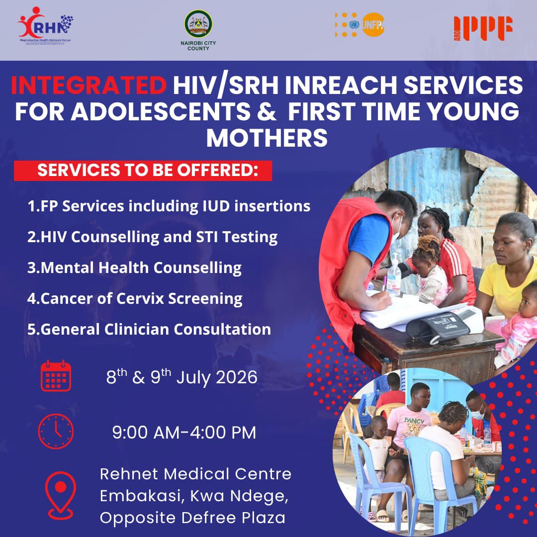 rhnkorg's tweet photo. For many young people, accessing the right services isn't always easy. For first-time young mothers especially, balancing the demands of caring for a new baby, finding time, navigating costs and knowing where to go can often mean putting their own health last.

That's why, this week, we are bringing integrated #HIV and Sexual and Reproductive Health services closer to the community. 

Yesterday, Young people showed up, asked questions, sought care and took important steps towards protecting their health and planning their futures.

💙 On Day One alone, yesterday, we served over 200 first-time young mothers through our integrated service delivery.

This is with support from United Nations Population Fund (@UNFPAKen) and in collaboration with the @NairobiCityGov County, as part of our shared commitment to ensuring young people and first-time young mothers have access to quality, integrated healthcare close to where they live.

📍 Today (9th July): @RehnetMed 
📍 Tomorrow (10th July): Mission Outreach Church – Tassia Hill

If you're a young person or a first-time young mother, or you know someone who is, come by or help spread the word.

We are ready for you!