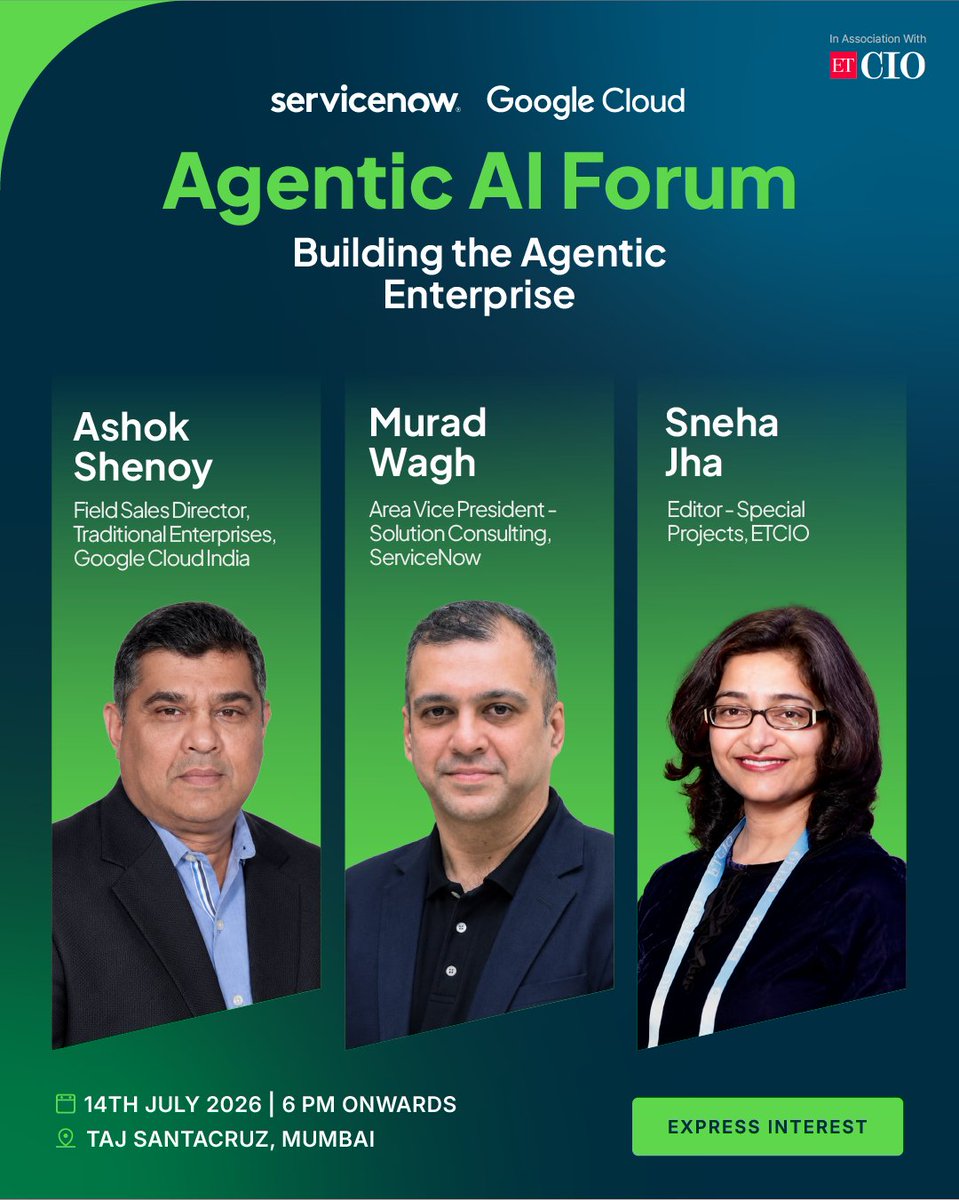 ET_CIO's tweet photo. #BrandConnectInitiative

ETCIO, in association with ServiceNow and Google Cloud, is bringing together technology leaders for the Agentic AI Forum: Building the Agentic Enterprise in Mumbai.  

Express your interest now - https://t.co/COpKCS02sS 

#GoogleCloud #ServiceNow #ETCIO https://t.co/ESm4Cjx8t8