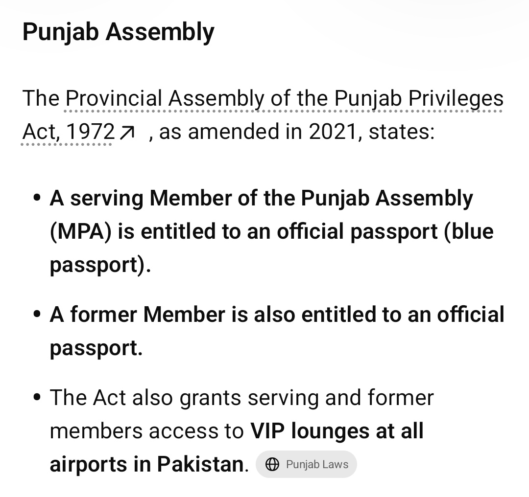 Riazhaq's tweet photo. Laws of Punjab and Sindh Assembly allow blue passports, access to VIP lounges across Pakistan. Punjab law allows even former member for blue passport as well. https://t.co/cNRmQiFp68