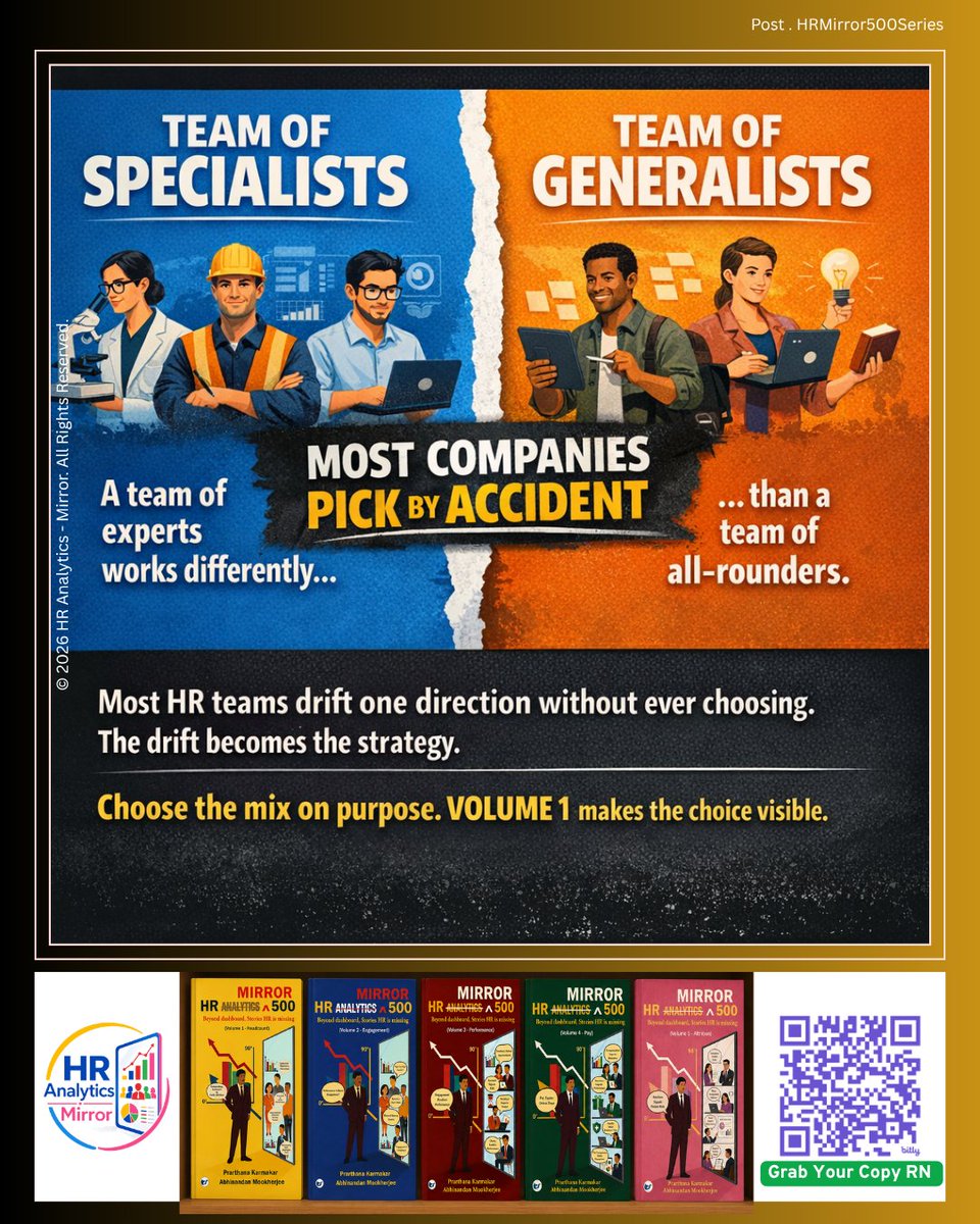 HRMirror's tweet photo. Specialist-heavy or generalist-heavy? Both are strategies. One is yours.

Buy HR Mirror 500. Link in bio.

#HRMirror500 #HRAnalytics #Teamwork #WorkforcePlanning https://t.co/b7YQRsCCtX