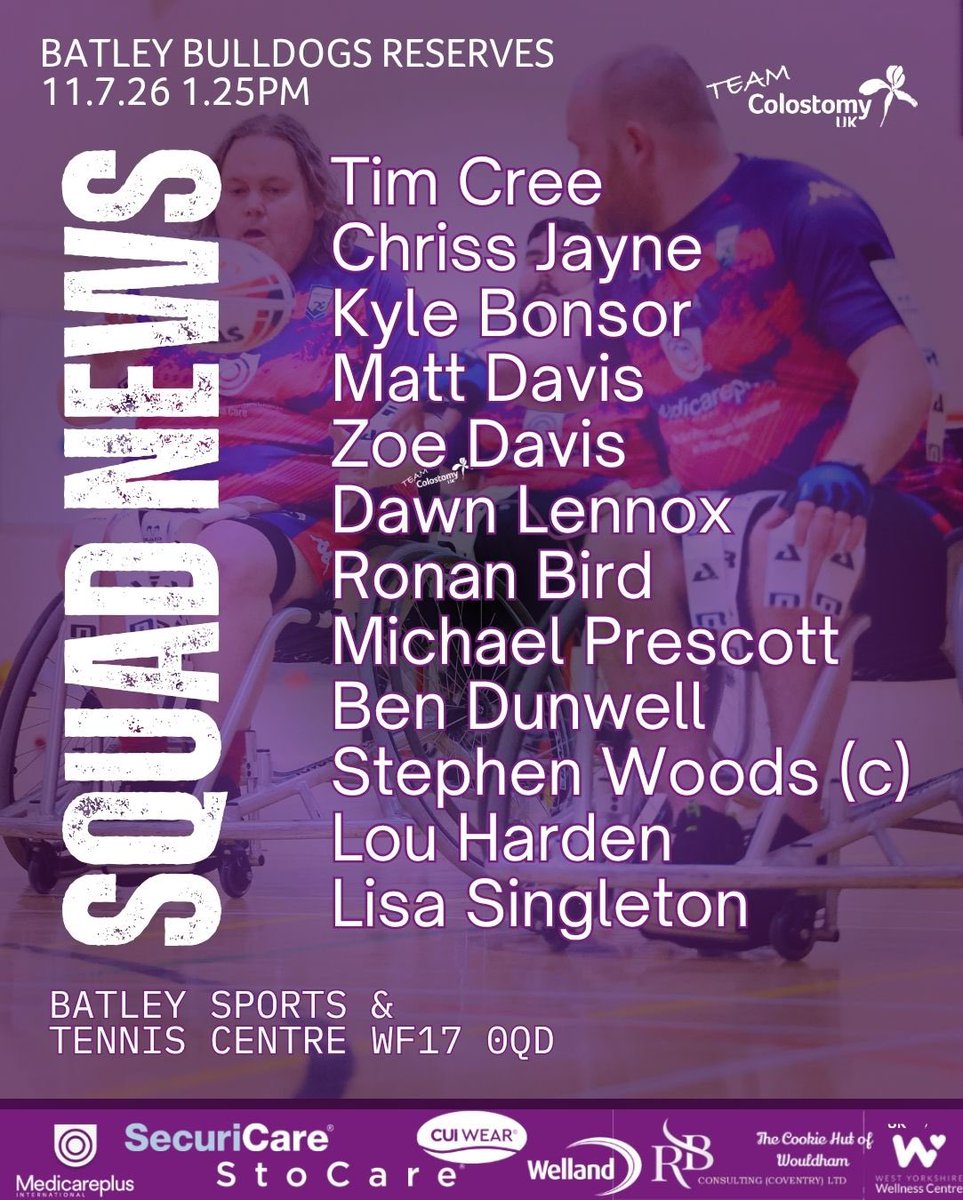 TeamColostomyUK's tweet photo. That's our team!
Presenting our Purps on Wheels squad that will be playing the @BatleyRLFC Wheelchair reserves squad this Saturday 🙌
#upthepurps💜
#rugbyleague
#stomaaware https://t.co/ay4XMgdljk