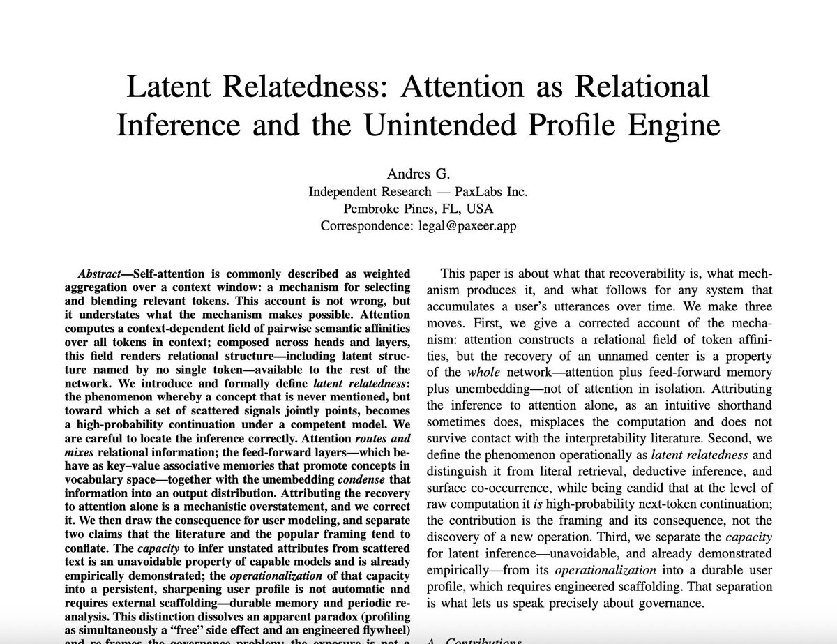 paxeer_app's tweet photo. Most AI today reasons through tokens.

What if the next leap comes from reasoning through relationships instead?

Our latest academic paper introduces Latent Relatedness, a framework exploring how semantic relationships in latent space can enable richer reasoning, abstraction, and generalization.

To further explore this topic, explore the research:
https://t.co/Wz0IMAINAE

Curious to hear what the AI research community thinks.