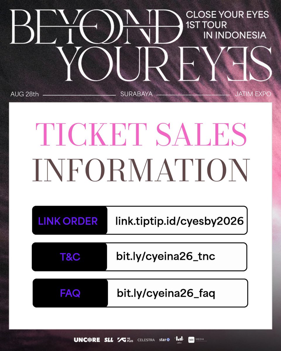 Maryhouse_ent's tweet photo. 1 HOUR TO GO!

CLOSE YOUR EYES SURABAYA ticket sales open in 1 hour! 💜

Get ready to secure your seat. Don't miss your chance!

#CloseYourEyes #BeyondYourEyes #CloseYourEyesSurabaya #KpopConcertIndonesia #SurabayaConcert https://t.co/Blq8IZwhnv