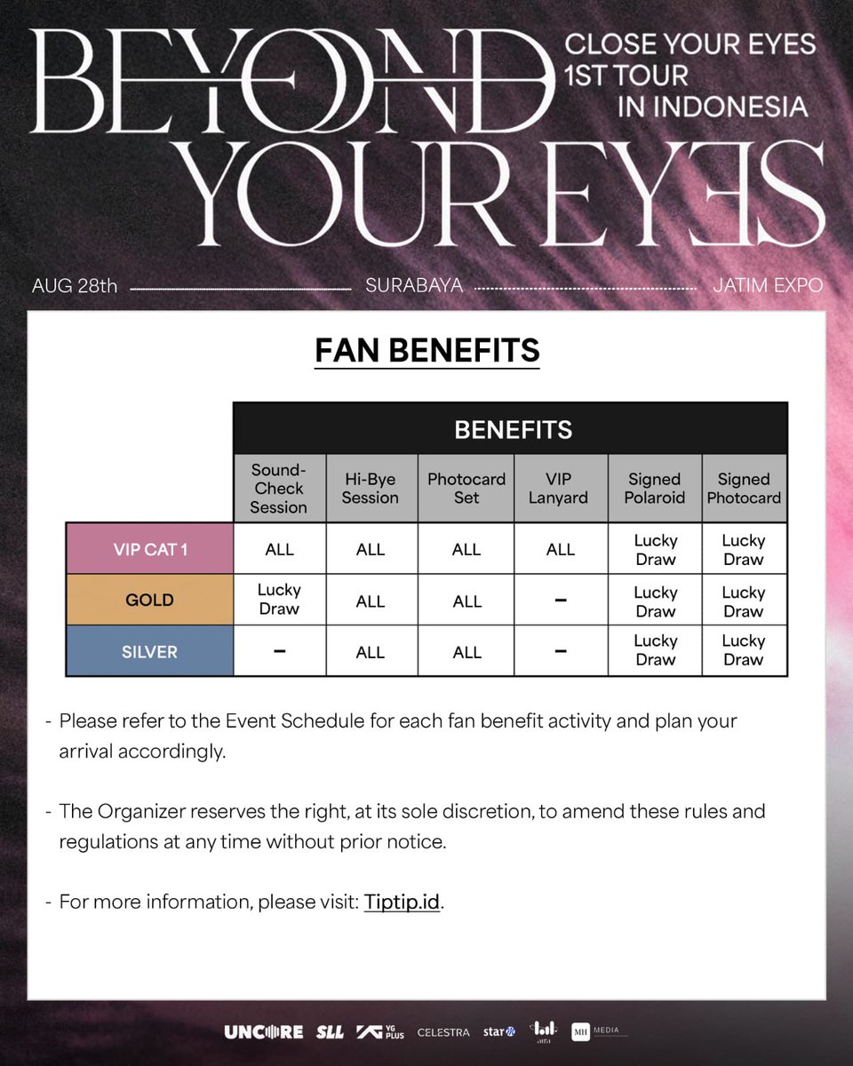 Maryhouse_ent's tweet photo. 1 HOUR TO GO!

CLOSE YOUR EYES SURABAYA ticket sales open in 1 hour! 💜

Get ready to secure your seat. Don't miss your chance!

#CloseYourEyes #BeyondYourEyes #CloseYourEyesSurabaya #KpopConcertIndonesia #SurabayaConcert https://t.co/Blq8IZwhnv