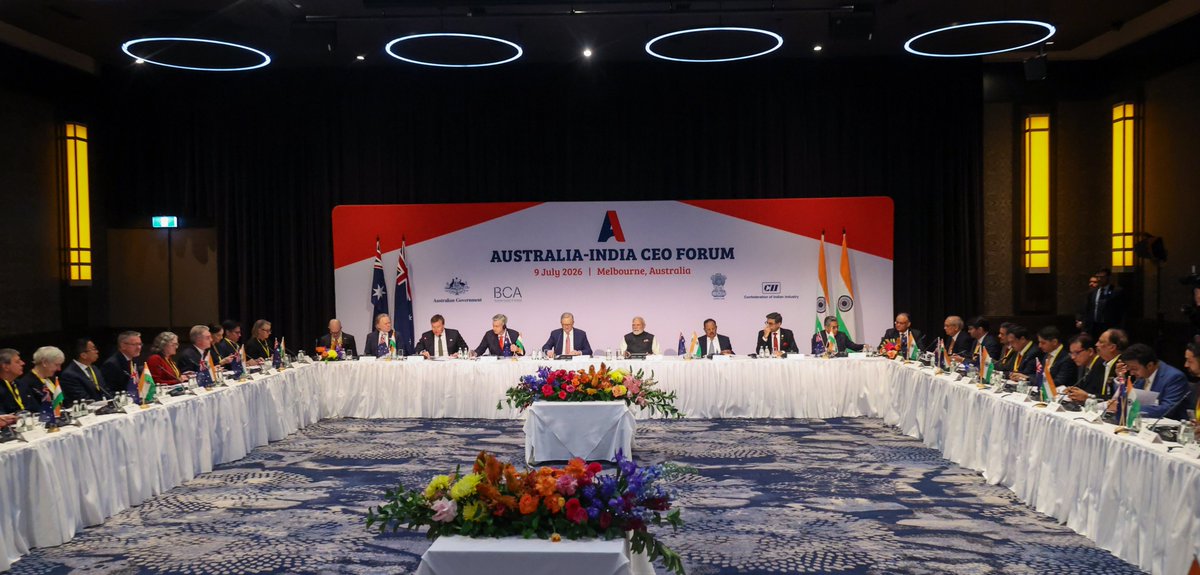 PMOIndia's tweet photo. In Melbourne, PM @narendramodi participated in the Australia-India CEO Forum with PM @AlboMP.

He highlighted opportunities in sectors such as technology, critical minerals, financial services, aviation, logistics, food processing and skilling, while inviting Australian businesses to invest in India.