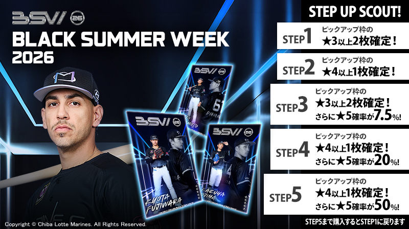 MCOLLE_official's tweet photo. 【BLACK SUMMER WEEK 2026】販売開始！

BSWの開幕を記念したトレカが登場！

新規★5トレカは
#藤原恭大 選手
#小島和哉 投手
#山本大斗 選手
#ネフタリ・ソト 選手！

BRAND MOVIEの動画をトレカに使用した、BSW仕様の特別なデザインにも注目！

https://t.co/V0QcCueCAt
#Mコレ #chibalotte #BSW https://t.co/xm9lMN5UsN