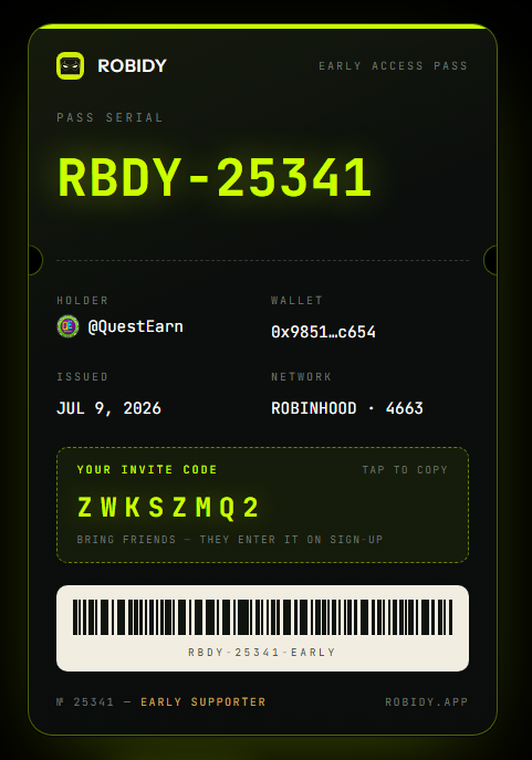 QuestEarn's tweet photo. Claimed my Robidy Early Access Pass 
- RBDY-25341. 
The curated NFT launchpad on Robinhood Chain. @robidyapp https://t.co/nVTqSiWegc 
Code : ZWKSZMQ2 https://t.co/0DpnlTUOrR