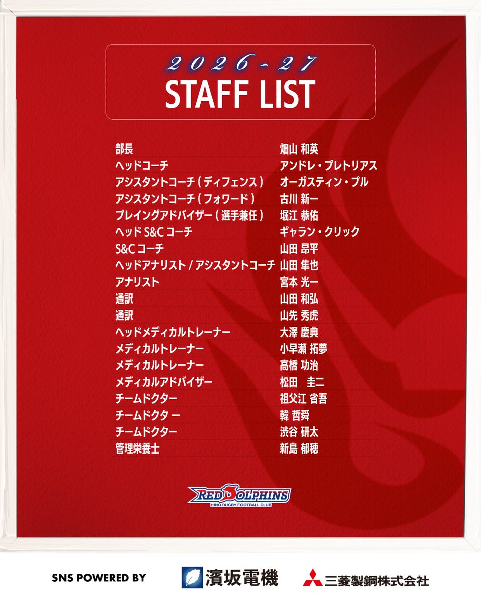 hinoreddolphins's tweet photo. 🔴🐬

2026-27シーズン新体制ならびに新加入スタッフをお知らせいたします。

https://t.co/bqHjVPW9m7

#日野レッドドルフィンズ
#ラグビー #NTTリーグワン https://t.co/lGp5AoiTI5