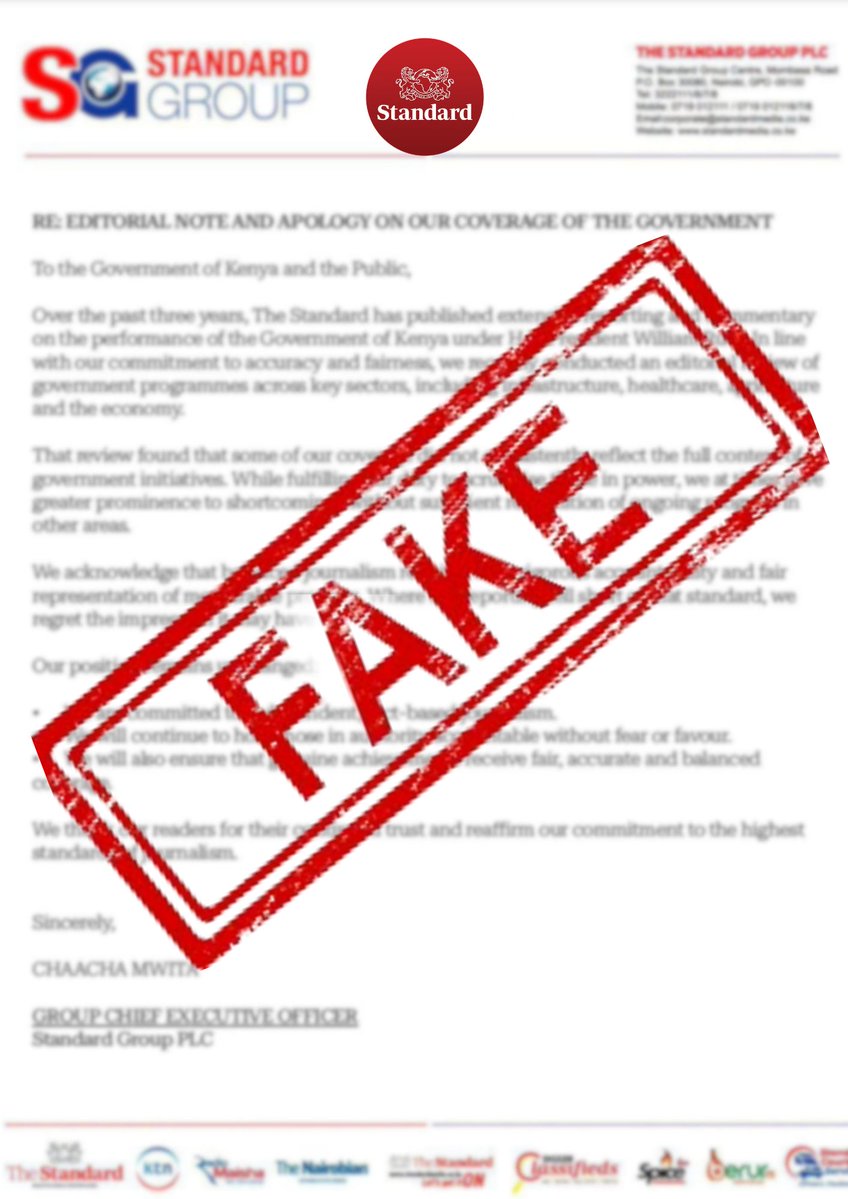 KTNNewsKE's tweet photo. FAKE NEWS ALERT: Be cautious NOT to fall for propaganda and deep fakes. For GENUINE news updates, VERIFY from our accounts @StandardKenya and @KTNNewsKE. https://t.co/lSXRFXgRVW