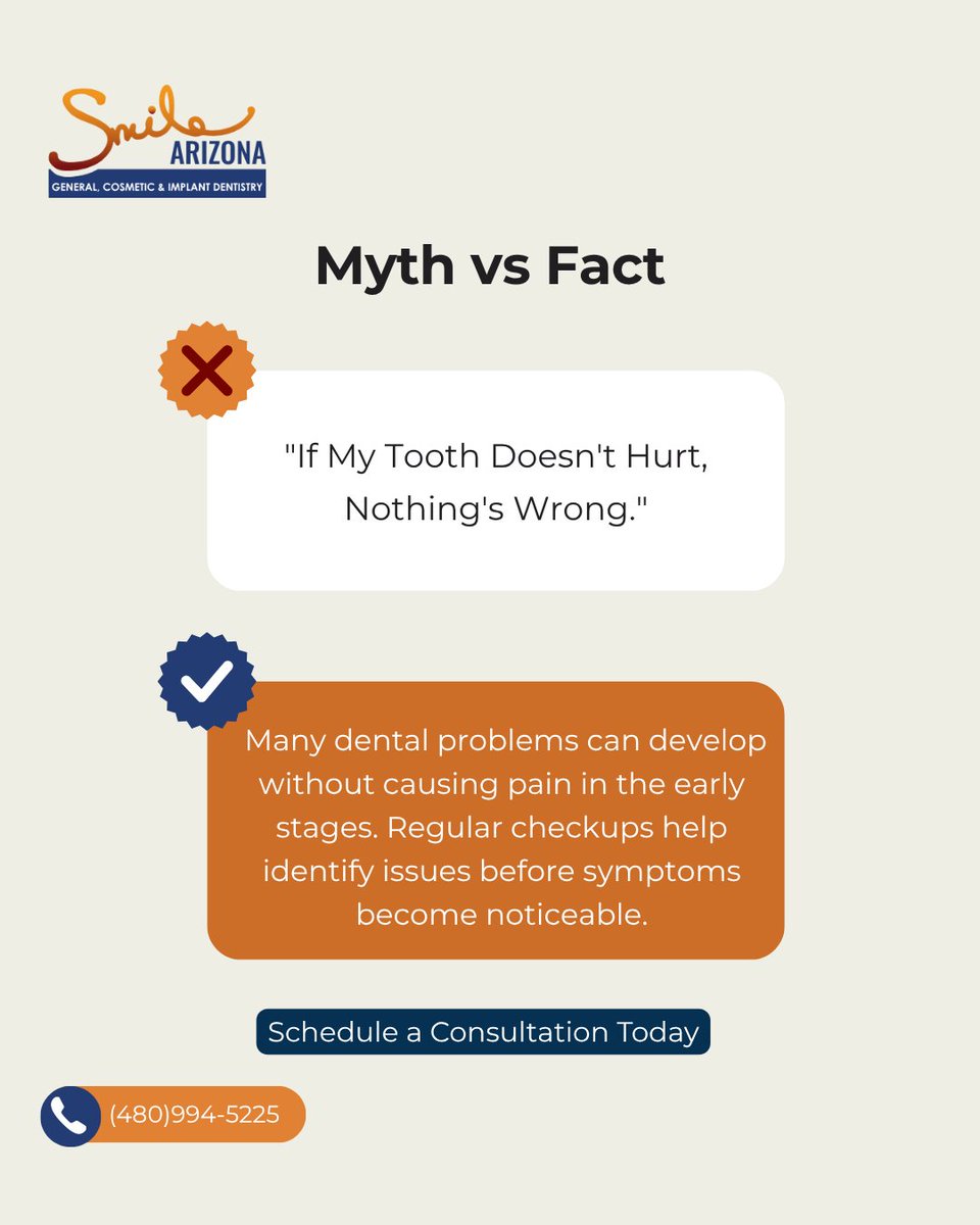 SmileArizona's tweet photo. No tooth pain doesn't always mean a healthy tooth. 🦷 Cavities, gum disease, and other issues can develop without symptoms. Regular dental exams help catch problems early.

Learn more: https://t.co/t9ebl9BLJC

#MythVsFact #DentalHealth #PreventiveDentistry #HealthySmile https://t.co/8TaweSJk5b