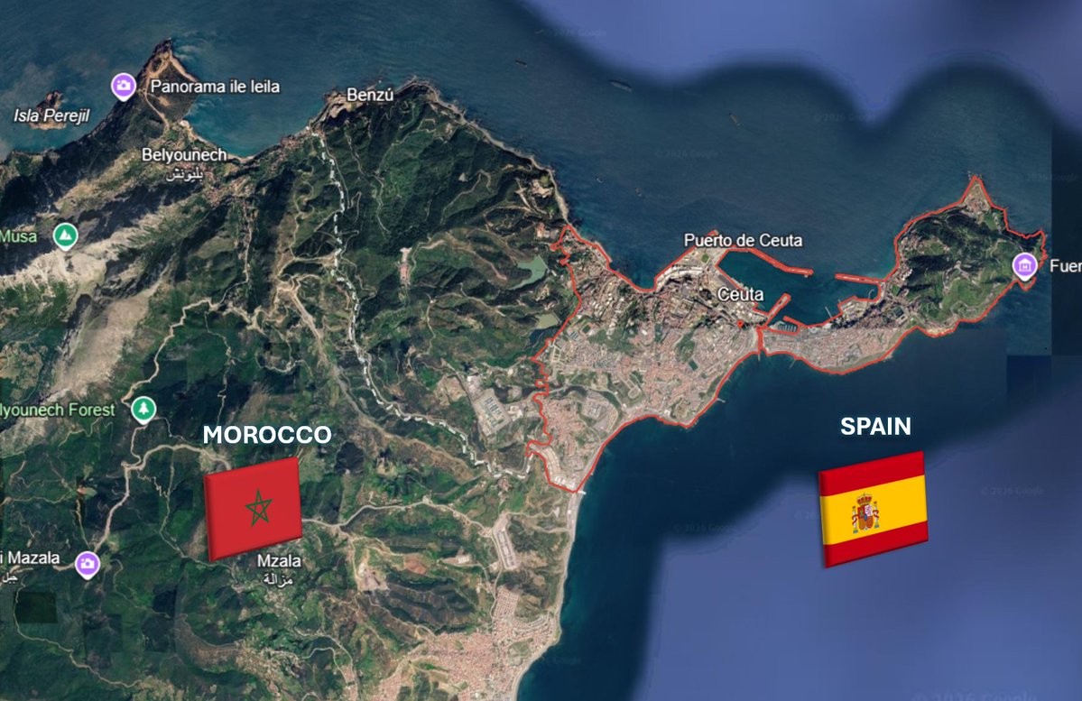 theiaincameron's tweet photo. France v Morocco is the *only* World Cup 2026 game where:

a) both countries have a coastline on the Atlantic Ocean *and* the Mediterranean Sea, and
b) both countries have a land border with Spain (via the Spanish exclave, Ceuta).

Stay tuned for more cutting-edge, geography-based World Cup analysis.