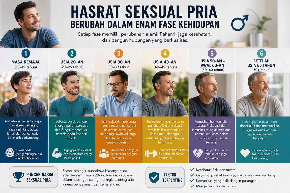 Alishba_Al's tweet photo. Ringkasan konsensus dari berbagai penelitian di bidang andrologi (ilmu kesehatan reproduksi pria) dan psikologi klinis.

Hasrat Seksual Pria Berubah dalam Enam Fase Kehidupan

Hasrat seksual pria juga mengalami perubahan seiring bertambahnya usia. Perubahan ini dipengaruhi oleh kadar hormon testosteron, kesehatan fisik, kondisi mental, gaya hidup, serta kualitas hubungan dengan pasangan. Karena itu, setiap pria memiliki pengalaman yang berbeda.

1. Masa Remaja (sekitar 13–19 tahun)
Testosteron meningkat sangat cepat, sehingga rasa tertarik pada lawan jenis dan dorongan seksual umumnya berada pada tingkat yang tinggi. Emosi dan pengendalian diri masih terus berkembang.

2. Usia 20-an
Pada fase ini, kadar testosteron biasanya berada di puncaknya. Energi, gairah seksual, dan fungsi reproduksi umumnya berada dalam kondisi terbaik.

3. Usia 30-an
Hasrat seksual masih relatif tinggi, tetapi mulai dipengaruhi oleh pekerjaan, tanggung jawab keluarga, stres, dan pola hidup. Banyak pria mulai lebih mengutamakan kualitas hubungan dibanding sekadar dorongan fisik.

4. Usia 40-an
Kadar testosteron mulai menurun secara perlahan. Sebagian pria masih memiliki gairah seksual yang baik, terutama jika menjaga kesehatan, rutin berolahraga, tidur cukup, dan memiliki hubungan yang harmonis.

5. Usia 50-an hingga awal 60-an
Perubahan hormon menjadi lebih terasa pada sebagian pria. Frekuensi dan intensitas hasrat seksual mungkin menurun, tetapi kepuasan dalam hubungan tetap dapat terjaga melalui komunikasi dan kedekatan emosional.

6. Setelah usia 60 tahun
Banyak pria tetap memiliki kehidupan seksual yang aktif dan memuaskan. Meskipun fungsi seksual dapat berubah, kesehatan yang baik, gaya hidup sehat, dan hubungan yang penuh kasih sayang berperan besar dalam menjaga kualitas kehidupan intim.

Kapan hasrat seksual pria mencapai puncaknya?
Secara biologis, kadar testosteron dan dorongan seksual pria umumnya mencapai puncaknya pada usia akhir belasan hingga 20-an. Namun, kepuasan dalam hubungan sering kali meningkat seiring bertambahnya usia karena pengalaman, kematangan emosi, dan komunikasi yang lebih baik dengan pasangan.

Pada akhirnya, usia hanyalah salah satu faktor. Kesehatan fisik, kondisi mental, gaya hidup, dan hubungan yang sehat memiliki pengaruh yang jauh lebih besar terhadap kehidupan seksual seorang pria.