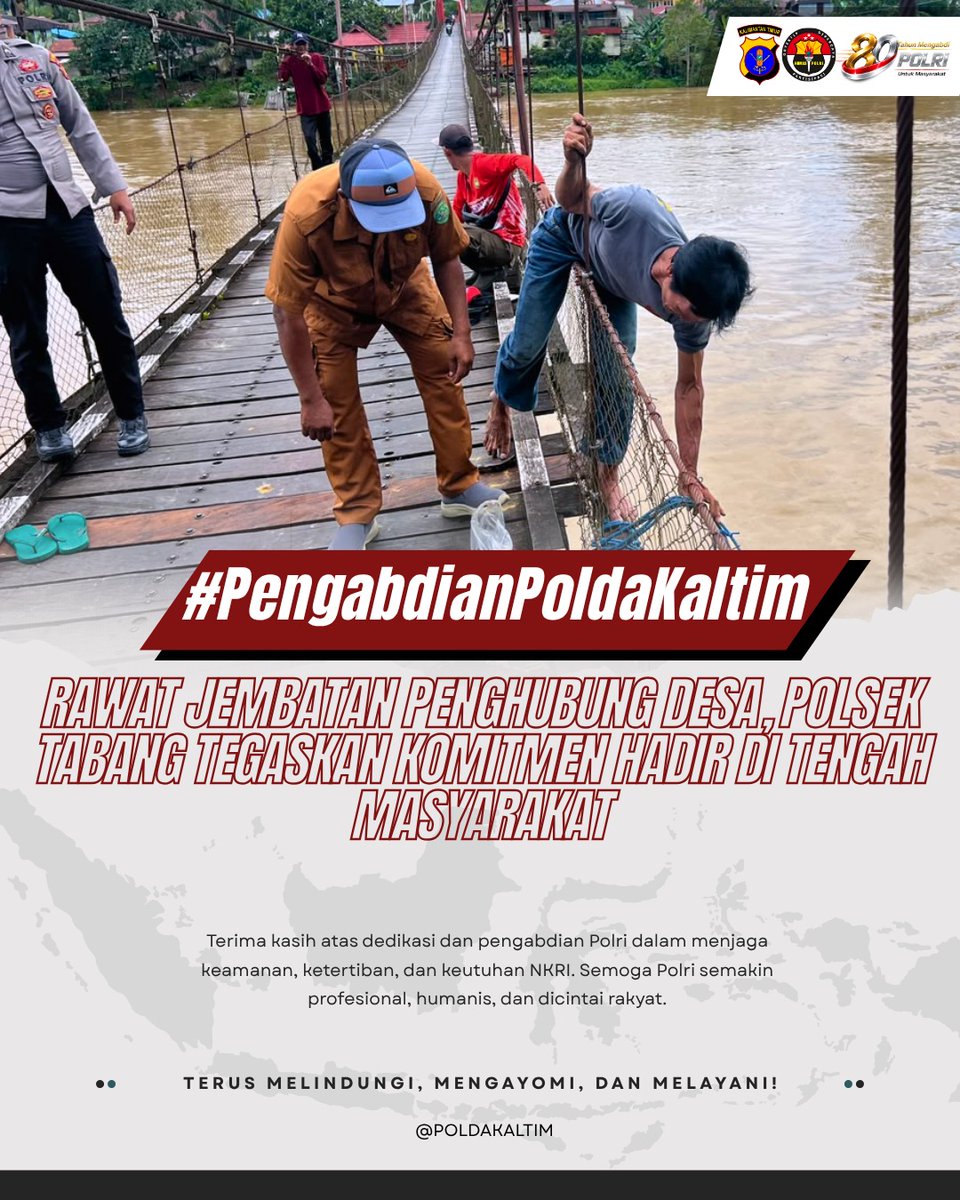 polresbontang's tweet photo. 🤝 Bahu Membahu untuk Akses Warga! ✨

Personel Polsek Tabang bersama warga desa gotong royong merawat jembatan gantung penghubung desa. Inilah bukti nyata Polri selalu hadir dan peduli di tengah masyarakat. 🌉💪

#PengabdianPoldaKaltim #PolsekTabang #PolresKukar  #PoldaKaltim https://t.co/yFXdhyk113