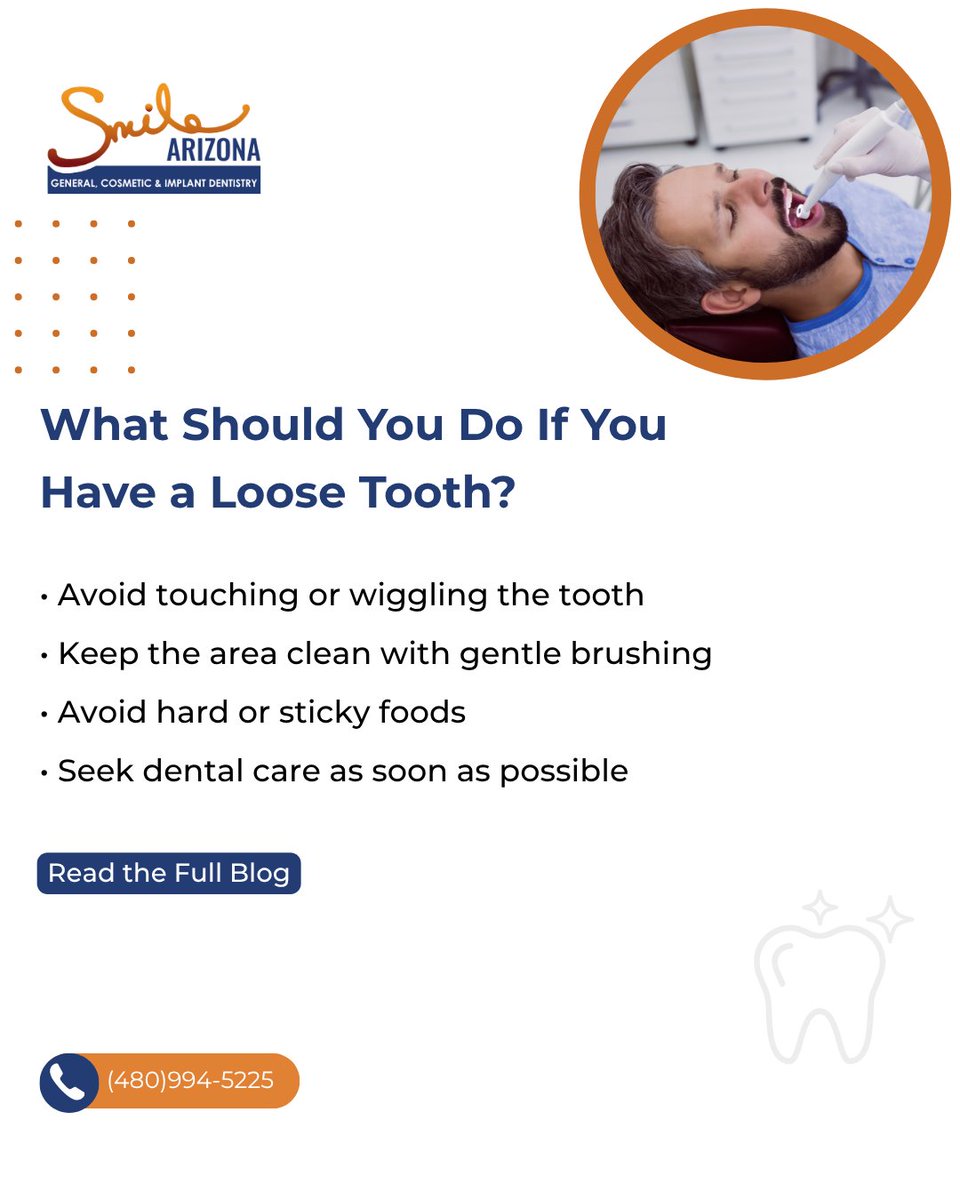 SmileArizona's tweet photo. A loose tooth shouldn't be ignored. Avoid putting pressure on it, keep the area clean, and schedule a dental evaluation as soon as possible to help prevent further damage.

Read more: https://t.co/hx4PcWWjYH

#LooseTooth #DentalEmergency #HealthySmile https://t.co/oAipuSpuxV