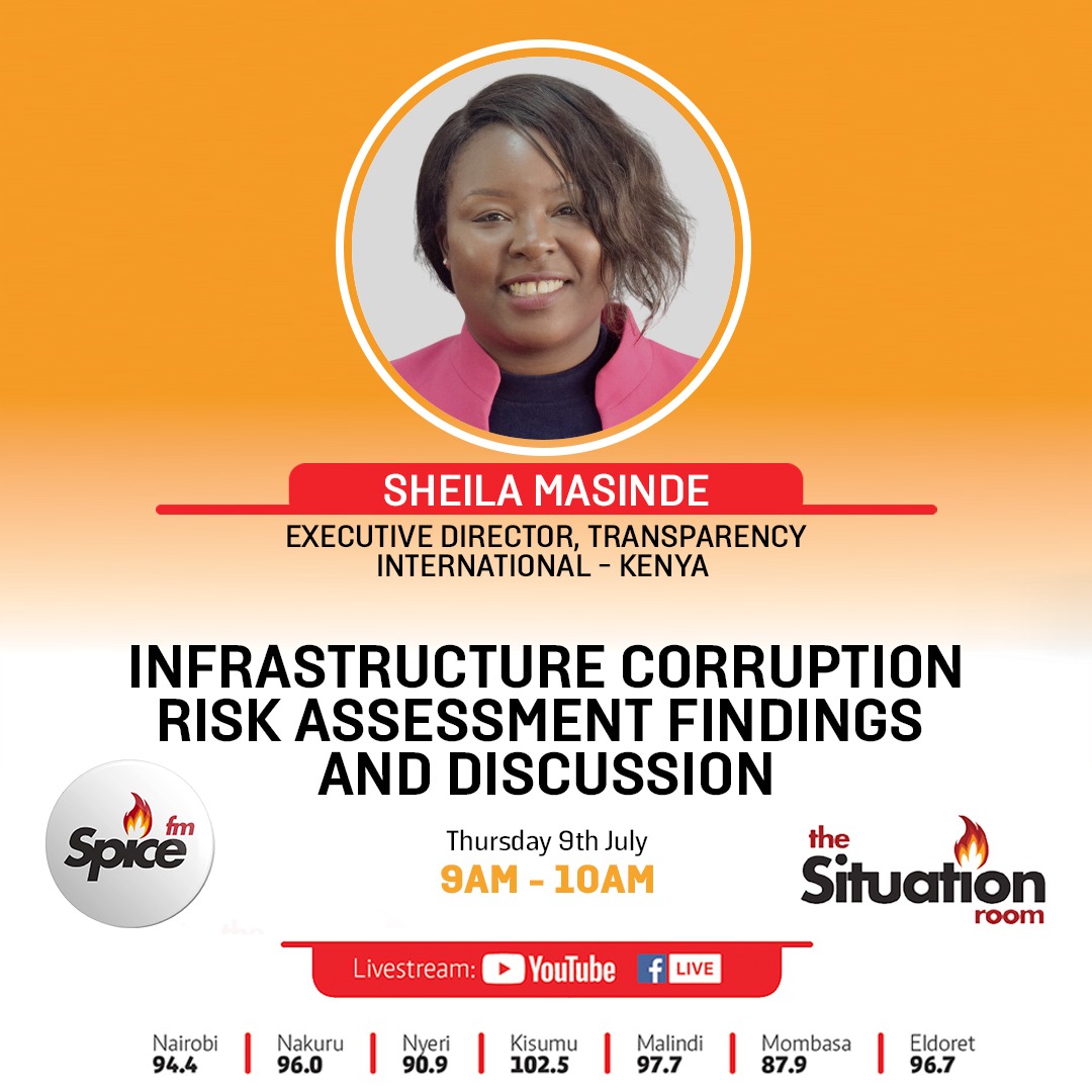 SpiceFMKE's tweet photo. If you've ever wondered why public infrastructure projects in Kenya face delays, inflated costs or sudden stalls, this is the discussion you cannot afford to miss. 
We are live in The Situation Room with Sheila Masinde, the Executive Director of Transparency International - Kenya. She is laying bare the shocking findings of the Infrastructure Corruption Risk Assessment and discussing actionable steps to stop the bleeding of public funds.
#TheSituationRoom