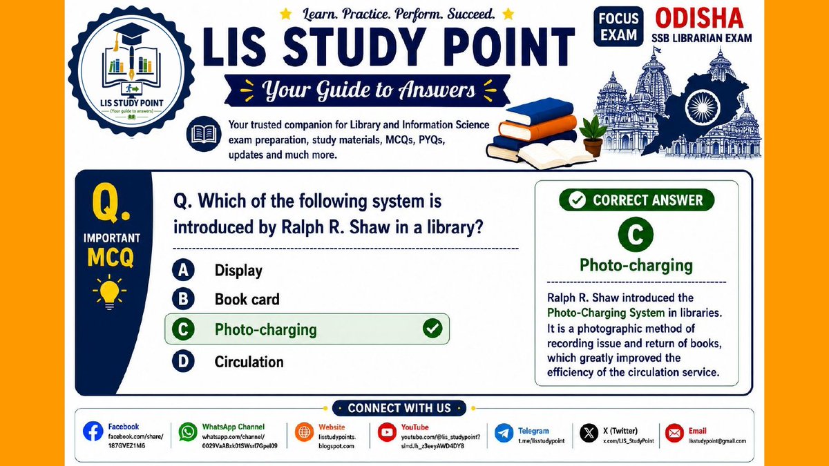 LIS_StudyPoint's tweet photo. 📚 Today's LIS MCQ | Odisha SSB Librarian Exam Preparation
🎯 Prepare Smarter with LIS Study Point
#LISStudyPoint #LibraryScience #LISMCQ #RalphRShaw #PhotoCharging #LibraryAutomation #LibraryCirculation #SSBLibrarian #OdishaSSB #LibraryAndInformationScience #YourGuideToAnswers https://t.co/2jG6lPTCjN