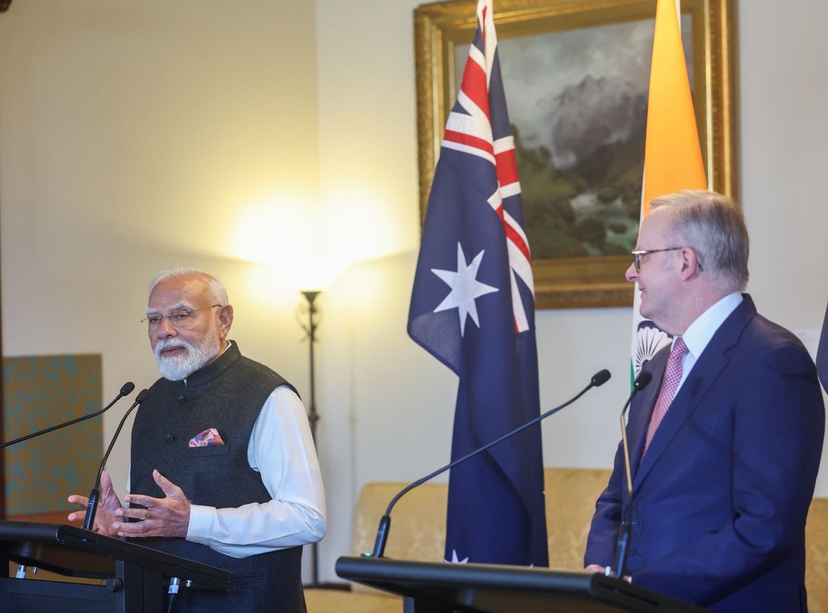 narendramodi's tweet photo. Today’s talks have unparalleled outcomes in areas such as renewable energy, climate action, nuclear energy, critical minerals, technology, education and more. Another highlight is the issuing of an important declaration to strengthen defence and security cooperation. Equally noteworthy is our discussions to work closely in shipbuilding, ship repair and maintenance.