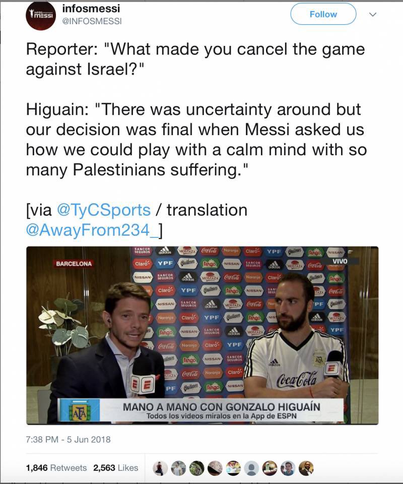 chokebhature's tweet photo. @just_whatever In 2018 Argentina were set to play Israel but Messi refused to do so because of the war https://t.co/PPs0IW1GPL