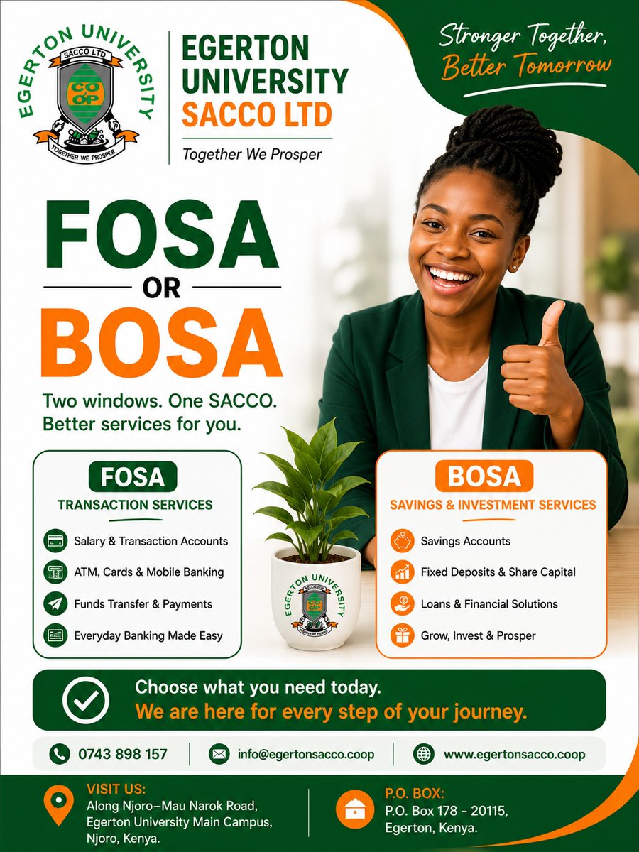 egertonsacco's tweet photo. 𝐁𝐎𝐒𝐀(𝐘𝐨𝐮𝐫 𝐒𝐚𝐯𝐢𝐧𝐠𝐬 & 𝐋𝐨𝐚𝐧𝐬 𝐖𝐢𝐧𝐠) 𝐨𝐫 𝐅𝐎𝐒𝐀(Your Banking Wing)?
𝐖𝐡𝐲 𝐂𝐡𝐨𝐨𝐬𝐞 𝐎𝐧𝐞 𝐖𝐡𝐞𝐧 𝐘𝐨𝐮 𝐂𝐚𝐧 𝐇𝐚𝐯𝐞 𝐁𝐨𝐭𝐡!
One Membership. Two Powerful Benefits.
#TogetherWeProsper #BOSA #FOSA #Savings #Loans #Banking #FinancialEmpowerment https://t.co/zqv6ofL6o5