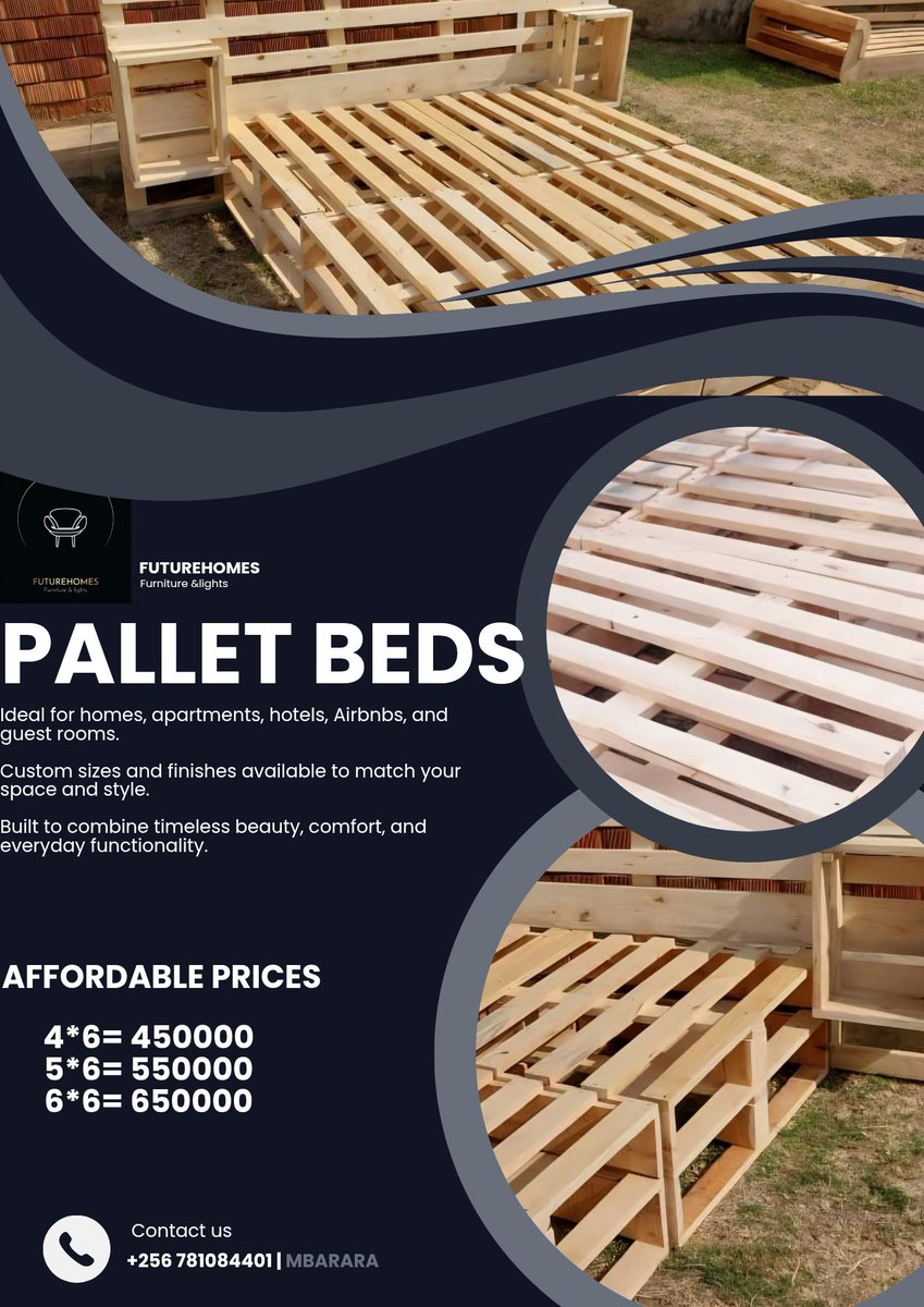 futurehomes_ug's tweet photo. Because we are @futurehomes_ug . Today we bring you our premium pallet beds.
Ideal for homes, apartments, hotels, Airbnbs, and guest rooms.
Custom sizes and finishes available to match your space and style.
Affordable cost. 

DM  today to order https://t.co/AgsJWmHvmO