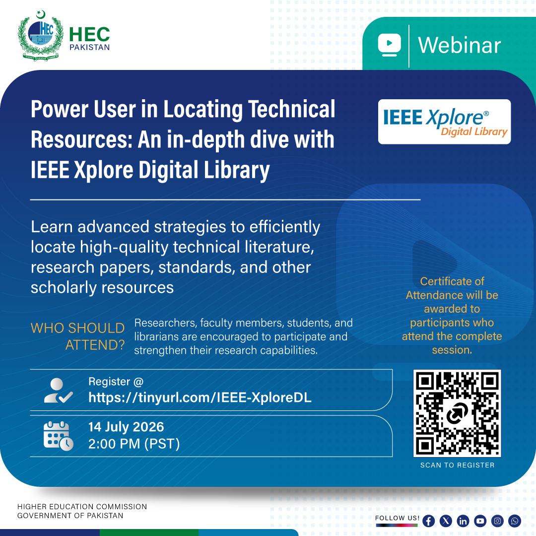 hecpkofficial's tweet photo. Webinar
Power User in Locating Technical Resources: An in-depth dive with IEEE Xplore Digital Library
🔗 Register now: https://t.co/MMjFpCAgQp
#HECPakistan #IEEEXplore #Research #HigherEducation #Faculty #Students #Libraries #AcademicResearch https://t.co/jIqkpJ90jD