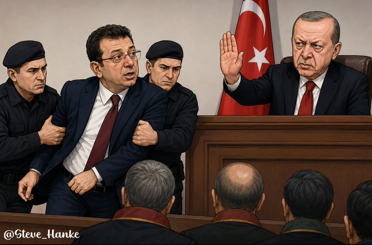 steve_hanke's tweet photo. #TurkeyWatch🇹🇷: After calling his trial "political", Istanbul Mayor İmamoğlu was removed from the courtroom.

As a result, İmamoğlu is being investigated for "threatening a public official."

IT DOESN'T TAKE A ROCKET SCIENTIST TO UNDERSTAND WHY TRUMP AND ERDOĞAN ARE SOULMATES. https://t.co/PveN60PMRn