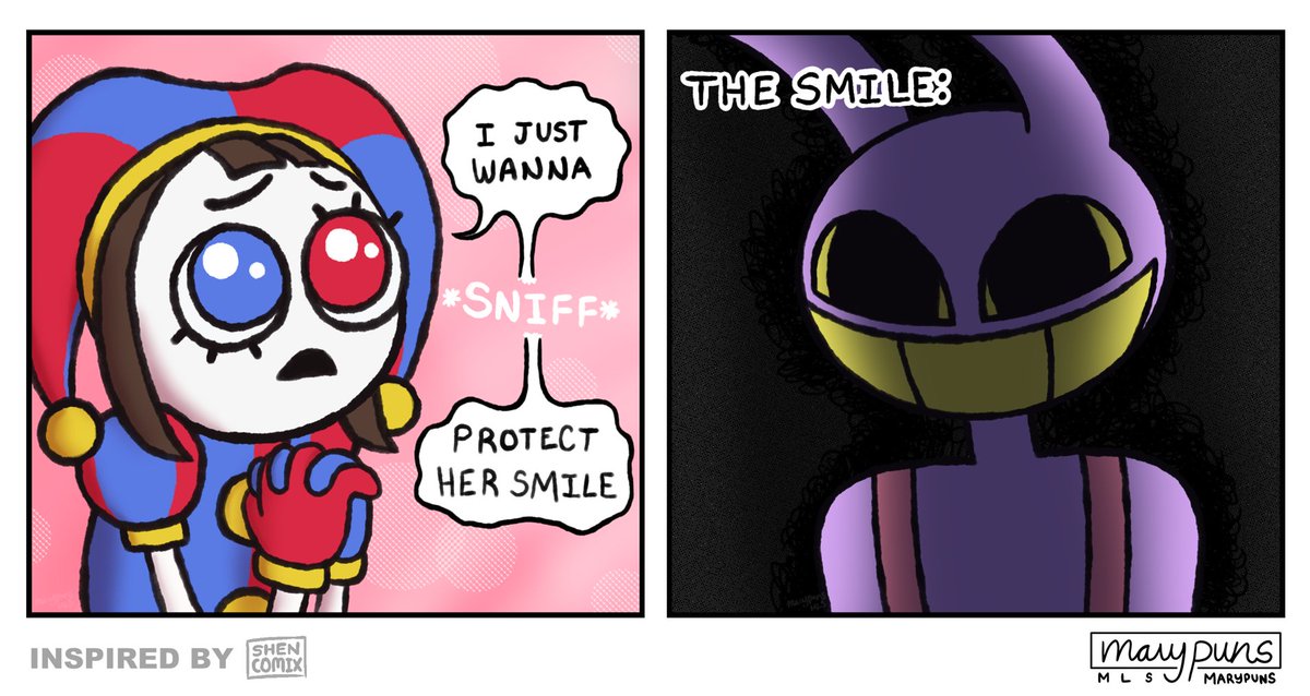 marypuns's tweet photo. Jax's smile is so pretty, wdym, I agree with Pomni- 

This feels fitting to be my first proper TADC art posted ever, even if I'm a bit late to the party 

#funnybunny #tadc #theamazingdigitalcircus #JaxTADC #PomniTADC https://t.co/E454X3zCH2