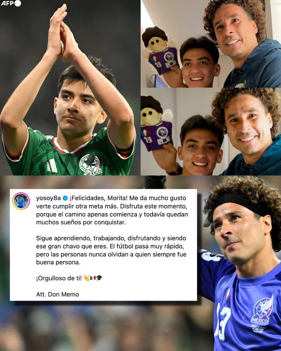 InvictosSomos's tweet photo. Hace unos días, Gil Mora estaba disputando un partido de octavos de final de Copa del Mundo ante la Selección de Inglaterra. Hoy, la joya de México se graduó de la preparatoria. Y Memo Ochoa, que fue su gran mentor durante la justa mundialista, no dudó en felicitarlo por su logro académico. 

Don Memo tratando, cuidando y aconsejando a Morita como a él le hubiera gustado que lo trataran, cuidaran y aconsejaran cuando estaba comenzando su carrera.

No estamos llorando, ustedes están llorando. 

IMPOSIBLE NO EMOCIONARSE.
