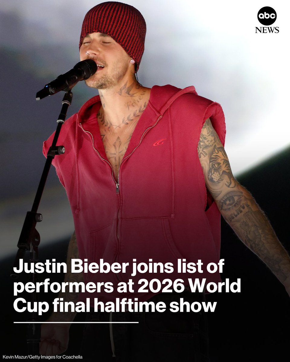 ABC's tweet photo. Justin Bieber will join the already star-studded list of performers taking the world stage at the first FIFA World Cup halftime show later this month.

Read more: https://t.co/N9PkCb5YQ4 https://t.co/oZAUa9f1JW