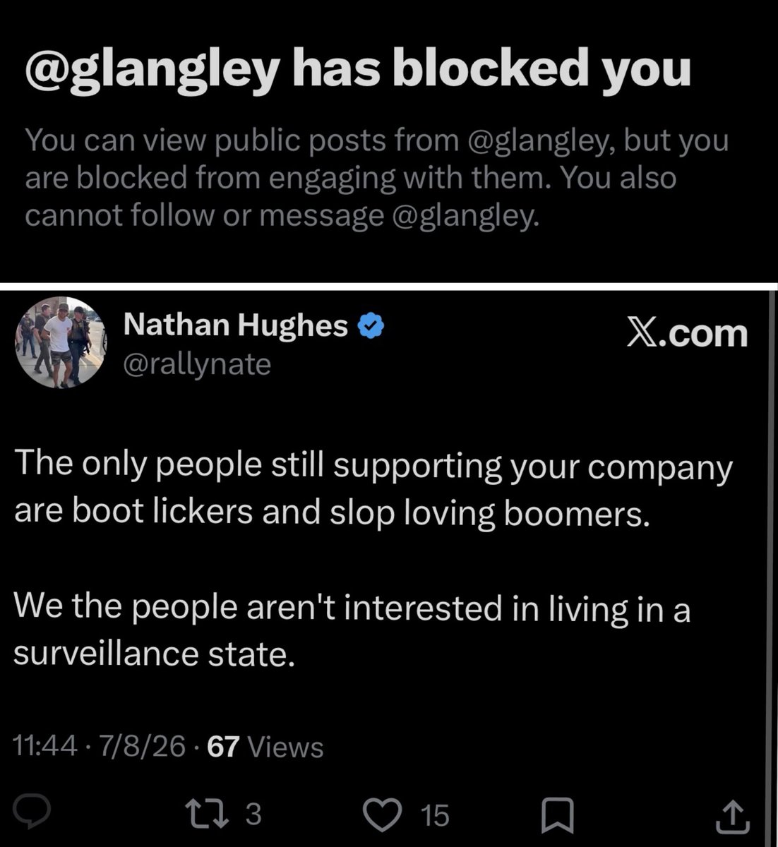 rallynate's tweet photo. The founder of Flock cameras (@glangley) is a total coward. https://t.co/bM7oBaViZq