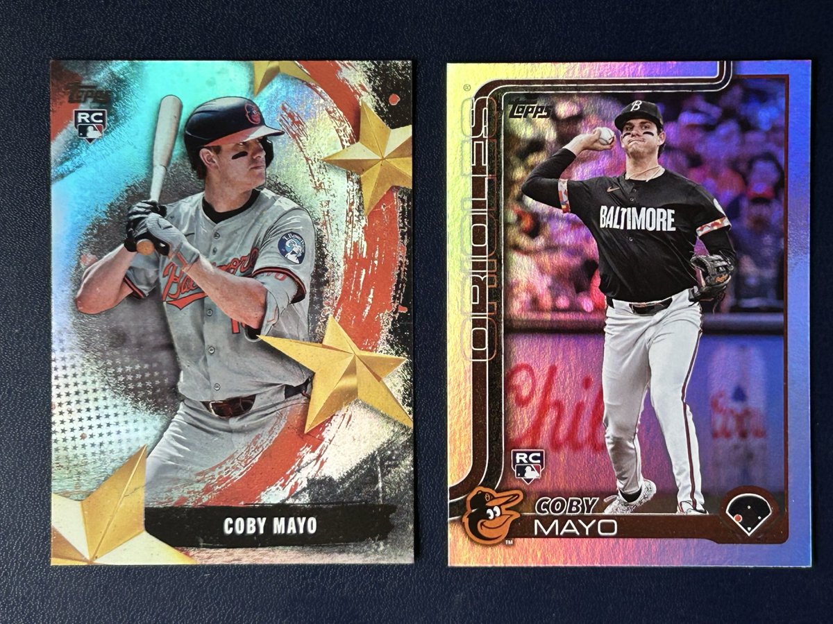 TheEskimo_Quinn's tweet photo. @84baseballcards @RJC_Cards @ILOVECOLLECTING @THFpro_Cards @HobbyRetweet_ @CardRetweet 2025 Topps Coby Mayo RC lot of 2 (Stars of MLB & Rainbow Foil) for $3 PWE #Cheers https://t.co/FiLLDUcC38
