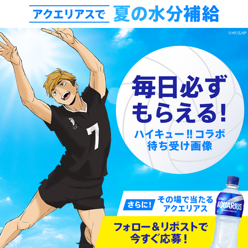 AQUARIUS_SPORTS's tweet photo. ／
アクエリアスで夏の水分補給☀
ハイキュー!!コラボキャンペーン🏐
＼

宮 侑選手など、
ハイキュー!!キャラクターの待ち受け画像が必ずもらえる＆ドリンクチケットの当落がその場で届く！
毎日参加で製品セットが当たる🎁

①フォロー
②この投稿をリポスト