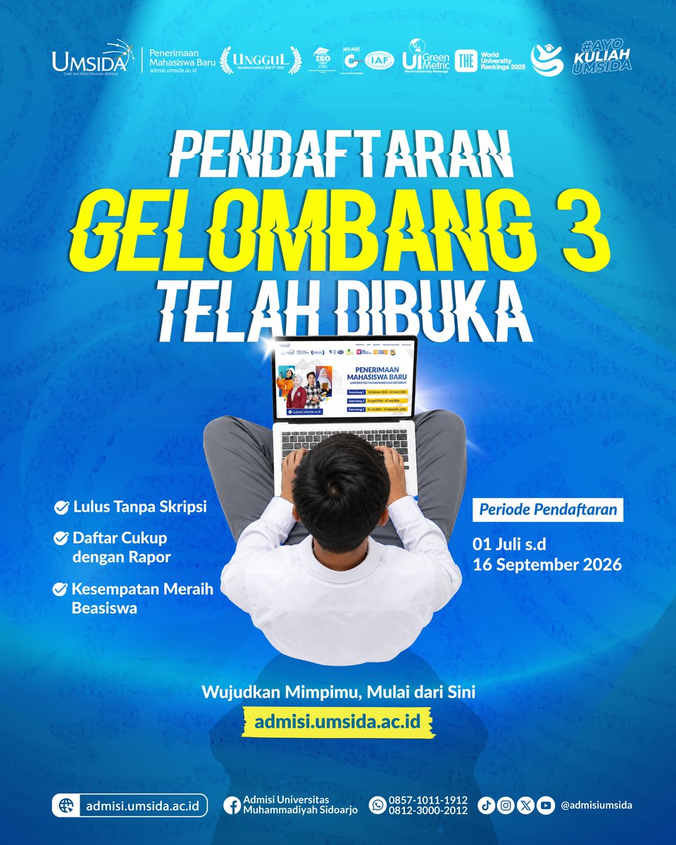 admisiumsida's tweet photo. Masih ada kesempatan untuk mewujudkan impian kuliah di kampus pencerah, saatnya bertumbuh dan berprestasi setinggi-tingginya✨
_______
Umsida Kampus Unggul Ramah Biaya Kuliah
Hanya di Umsida Pilihan Tepat Kuliah Berkualitas

#Admisiumsida #umsida1912 #AyoKuliahUmsida https://t.co/yX98tOeV7T