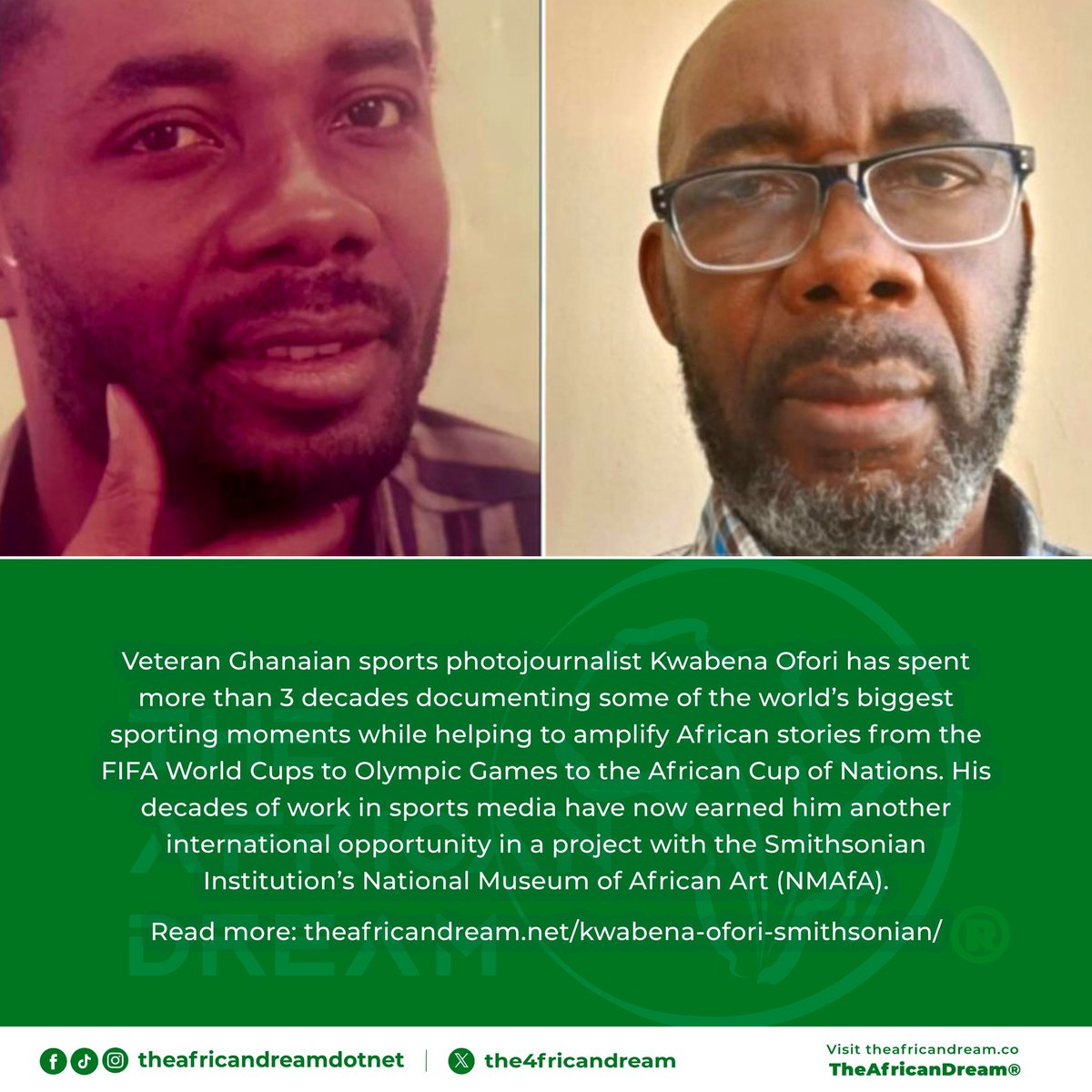 oralofori's tweet photo. eteran Ghanaian sports photojournalist Kwabena Ofori has spent more than 3 decades documenting some of the world’s biggest sporting moments while amplifying African stories from the FIFA World Cups to Olympic Games to the African Cup of Nations. His decades of work in sports media have now earned him another international opportunity with the Smithsonian Institution’s National Museum of African Art (NMAfA).
*
Details| https://t.co/RgJ4WBaqgQ
*
*
#Smithsonian
#FIFAWorldCup2026
#SportsPhotography
#SmithsonianMuseum
#NationalMuseumofAfricanArt