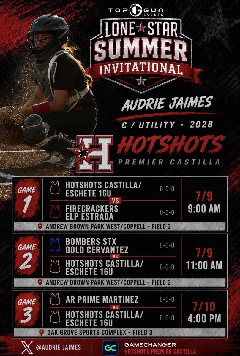 AudrieJaimes's tweet photo. Excited to kick off the Lone Star Summer Invitational! 🥎

Here’s our pool play schedule if any coaches are in the area. Looking forward to competing with my team this weekend!

@Hotshots16u @castillaJaime5 @MVP_512 @TopGunEvents @LineDsoftball @tagupSoftball @SBRRetweets @TXPrepSoftball @CoastRecruits 
#HotshotsNation #2028Grad #Catcher #3rdBase #Recruiting #TravelSoftball #TopGunEvents