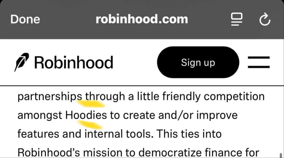 CryptoYeezuuss's tweet photo. Just found this on the official $HOOD website 👀 Are you connecting the dots 🤯🚀 Matter of time, and for $HOODIES so much HIYORR 📈 https://t.co/74BD52g0Nm