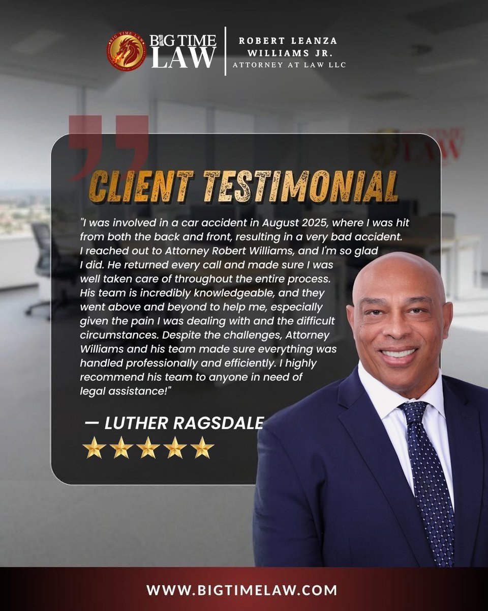 BigTimeLaw's tweet photo. ⭐⭐⭐⭐⭐ Client Review

“Attorney Robert Williams and his team made sure everything was handled professionally and efficiently.”

Thank you for trusting Big Time Law with your case.

Injured in an accident? Let us fight for you.

📞 855-GO-BIG-TIME 
🌐 https://t.co/yFKMnyMNGr

#BigTimeLaw #ClientTestimonial #PersonalInjury #CarAccident