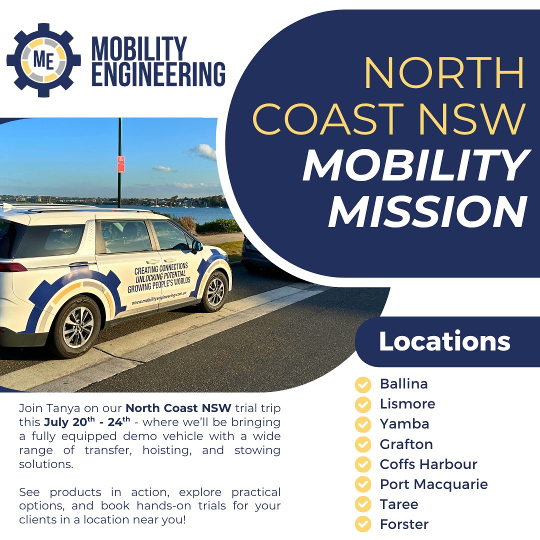 MobilityEng's tweet photo. 🚐 North Coast, we're coming your way!

Our next North Coast Mobility Mission is just around the corner, giving locals the opportunity to explore vehicle mobility solutions without travelling to Sydney. https://t.co/lR6gVpJNuD