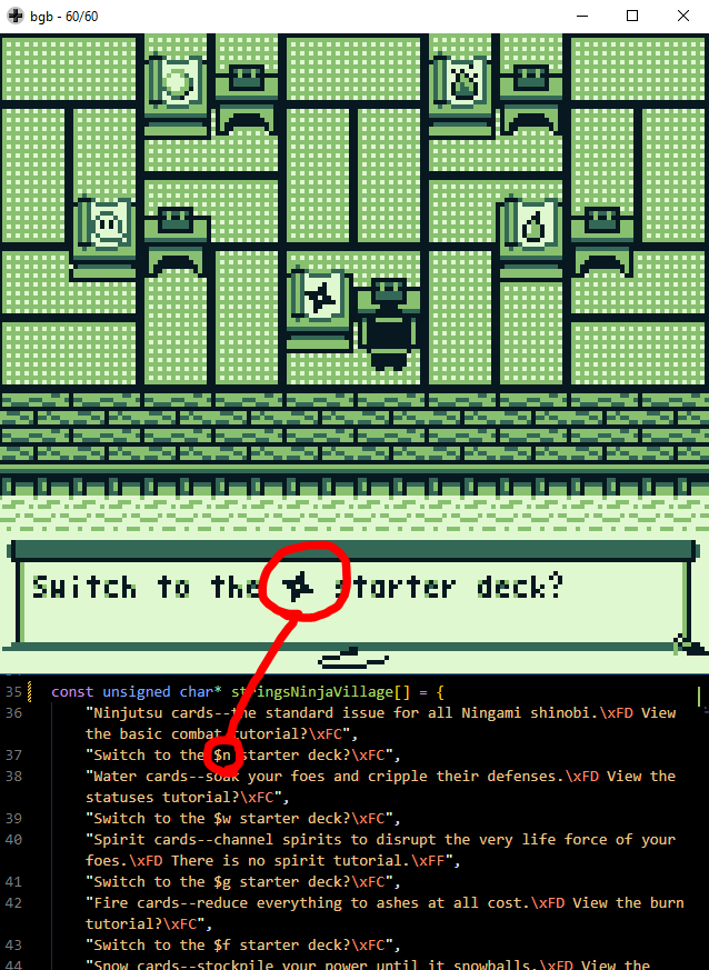 Bownly's tweet photo. Day 209. Worked on the "Elite 4" zone's maps. Again, no spoilers, so here's some more text parser bts: $ is a special char that instead prints an icon based on the following char. It can also inject variable words or numbers, but I never ended up using that in this project. #gbdk https://t.co/ykvZUM7SWm