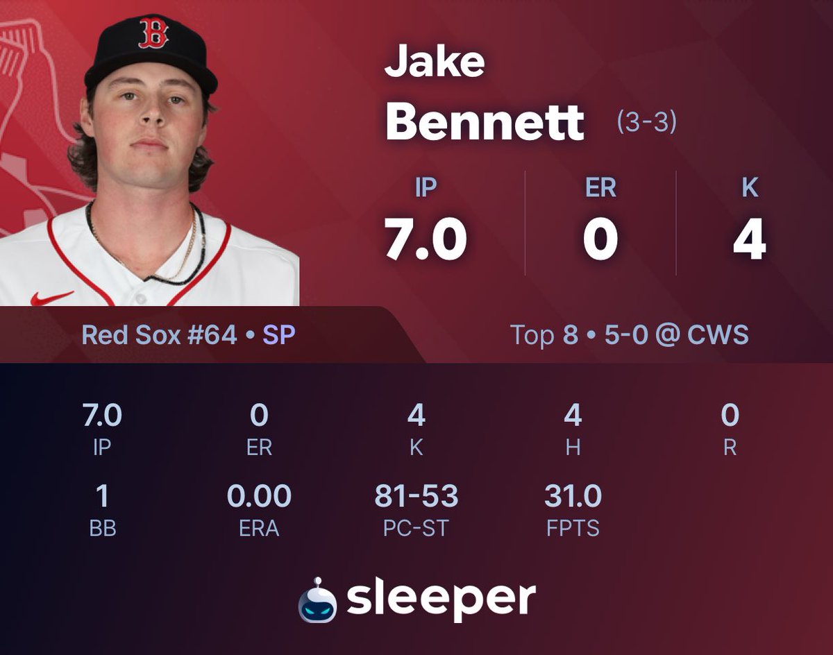 SleeperRedSox's tweet photo. Jake Bennett is an Ace. https://t.co/P8dgsf7UKZ