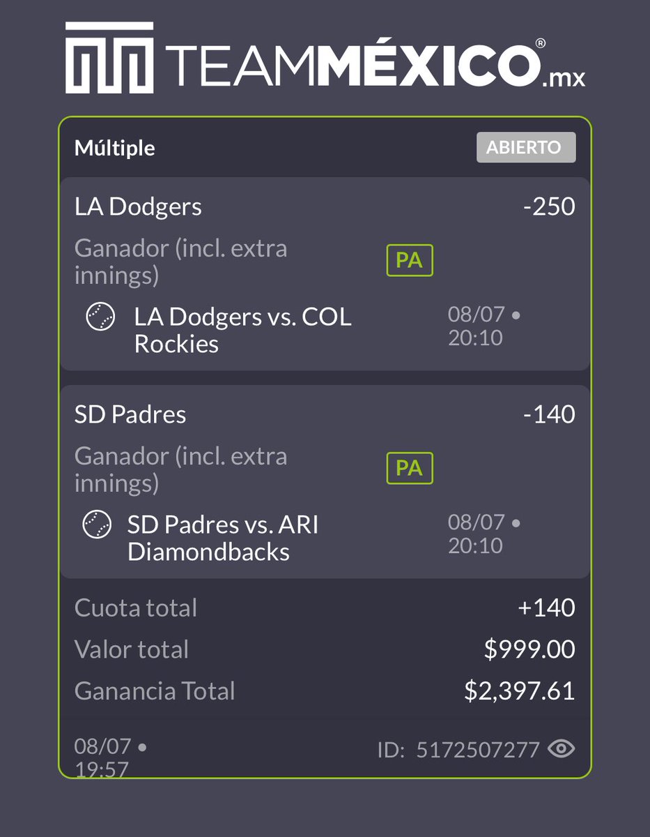 OraculoNorteno's tweet photo. Vámonos con este parlay para cerrar la noche. 

En teoría Dodgers debe llevárselo caminando y Padres debe imponer en casa, el matchup de pitcheo me parece considerablemente más favorable a San Diego. 

Vamos!! 👊🏻👊🏻 https://t.co/ep5wo3i3nE