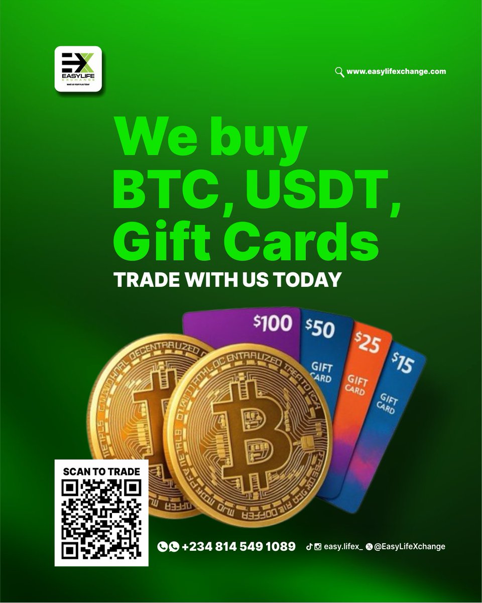 EasyLifeXchange's tweet photo. EASYLIFEXCHANGE – Your Trusted Crypto & Gift Card Exchange Partner
We specialize in buying Bitcoin (BTC), USDT (Tether), and a wide range of Gift Cards at competitive rates. Whether you are looking to liquidate your digital assets or convert gift cards into cash, EASYLIFEXCHANGE offers a fast, secure, and reliable platform to meet your needs.
Why Trade With Us?

•  Competitive Rates: Get the best market value for your BTC, USDT, and Gift Cards.

•  Fast Transactions: Quick processing and same-day settlements where possible.

•  Secure & Confidential: Industry-leading security measures to protect your assets and personal information.

•  24/7 Support: Our dedicated team is available to assist you anytime.

•  Wide Range of Supported Gift Cards: We accept popular brands across major retailers and services.

Experience hassle-free trading with a partner you can trust.
Trade with us today at EASYLIFEXCHANGE.
For inquiries or to start a transaction, reach out to our team through our official channels.
Secure. Simple. Reliable.
Start trading today →​​​​​​​​​​​​​​​​​​​​​​​​​​​​​​​​​​​​​​​​​​​​​​​​​​https://t.co/qRCu2Qp3tc visit us now.