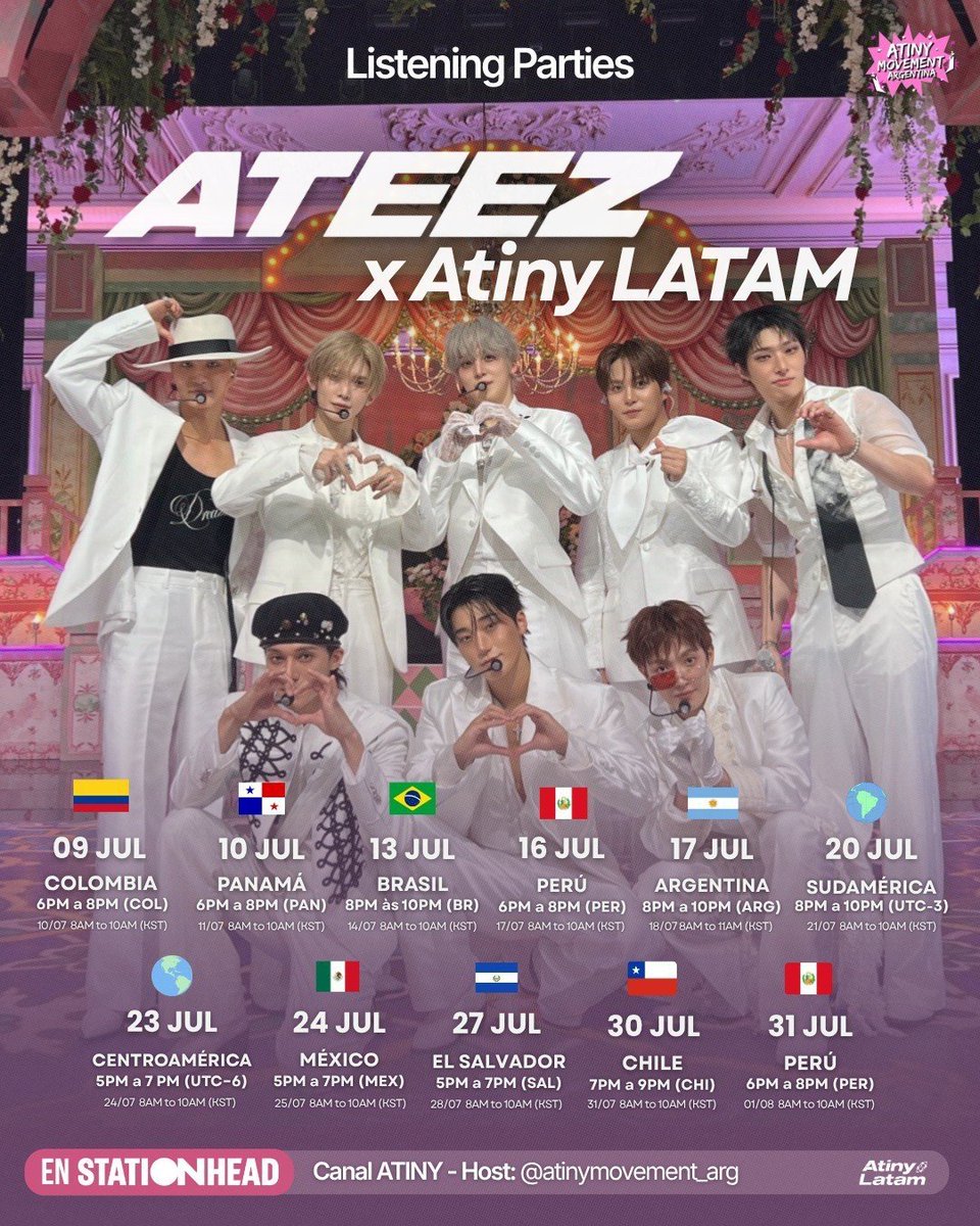ATINY_CHILE's tweet photo. 🎧 ATINY LATAM Listening Party ✨

Del 02/07 al 31/07, países de LATAM hostearán streams diarios en Stationhead 🌎

Cada día habrá música, cultura y recomendaciones de cada país 🎶
Únete al chat y demuestra la fuerza de ATINY LATAM 🔥

🕒 Horarios en hora local + KST 

👇🏻👇🏻 https://t.co/eSwR4XGaFE