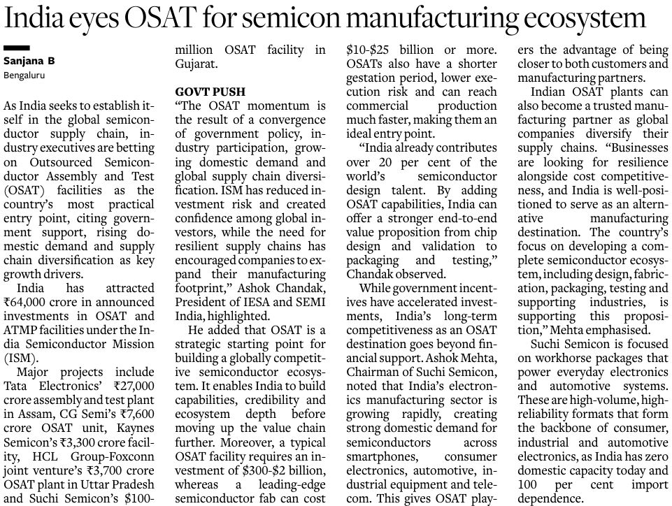 prasannavishy's tweet photo. OSAT offers India the fastest and most practical path into semiconductor manufacturing, creating packaging and testing capabilities while laying the foundation for advanced chip fabrication moving forward.

4 functional semiconductor assembly, packaging and testing plants already form the backbone of India's emerging OSAT ecosystem.

1.Micron Technology, Sanand, Gujarat (ATMP - Assembly, Testing, Marking & Packaging) – India's first large-scale semiconductor packaging facility.
2. Kaynes Semicon, Sanand, Gujarat (OSAT) – Commercial production started in March 2026.
3. CG Semi (CG Power–Renesas–Stars Microelectronics JV) - Sanand, Gujarat (OSAT) – Inaugurated in July 2026 and operational.
4. Tata Electronics - Jagiroad, Assam (OSAT)  via @businessline