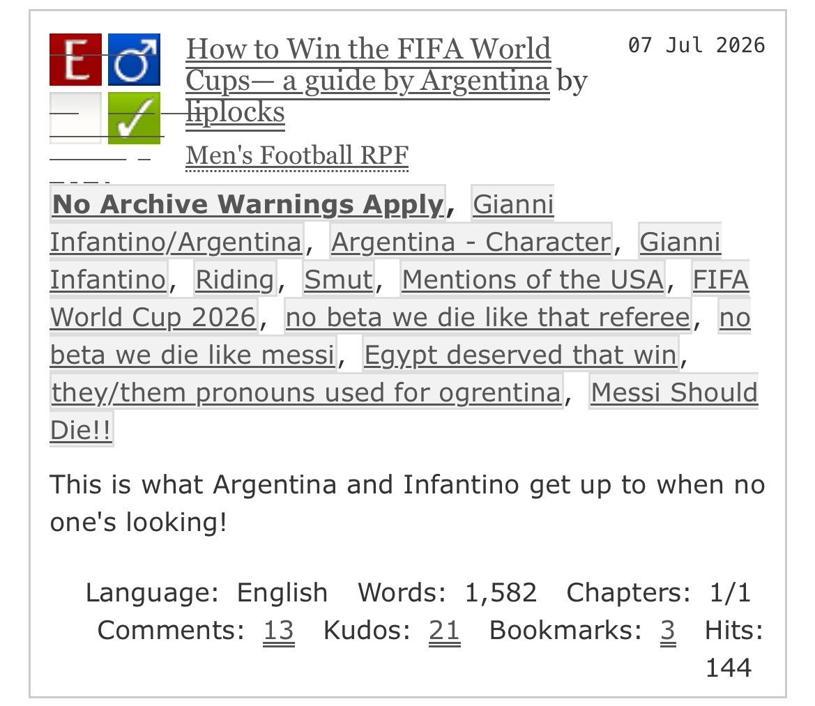 olisemia's tweet photo. AO3 HAS GONE TOO FAR 😭 I JUST FOUND AN INFANTINO X ARGENTINA FIC OMFG IM CRYING https://t.co/qc2OaO7Gtn