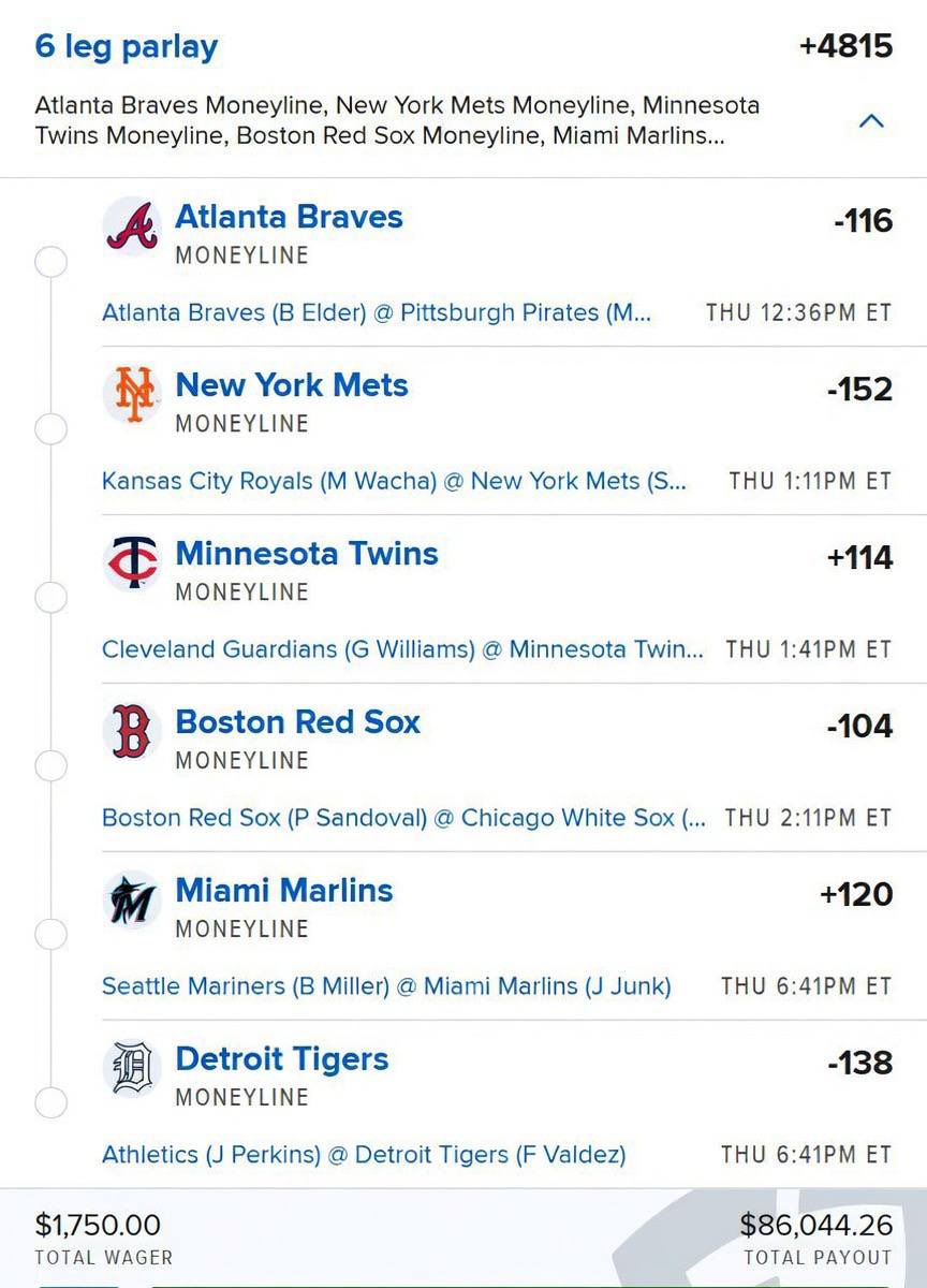 dbunk_picks's tweet photo. 6-Leg MLB Moneyline Parlay — precision engineered.

This isn’t just a bet… it’s a statement.

Big players move in silence.

Who’s joining the table? 💎⚾️ https://t.co/SxLTCnWuur