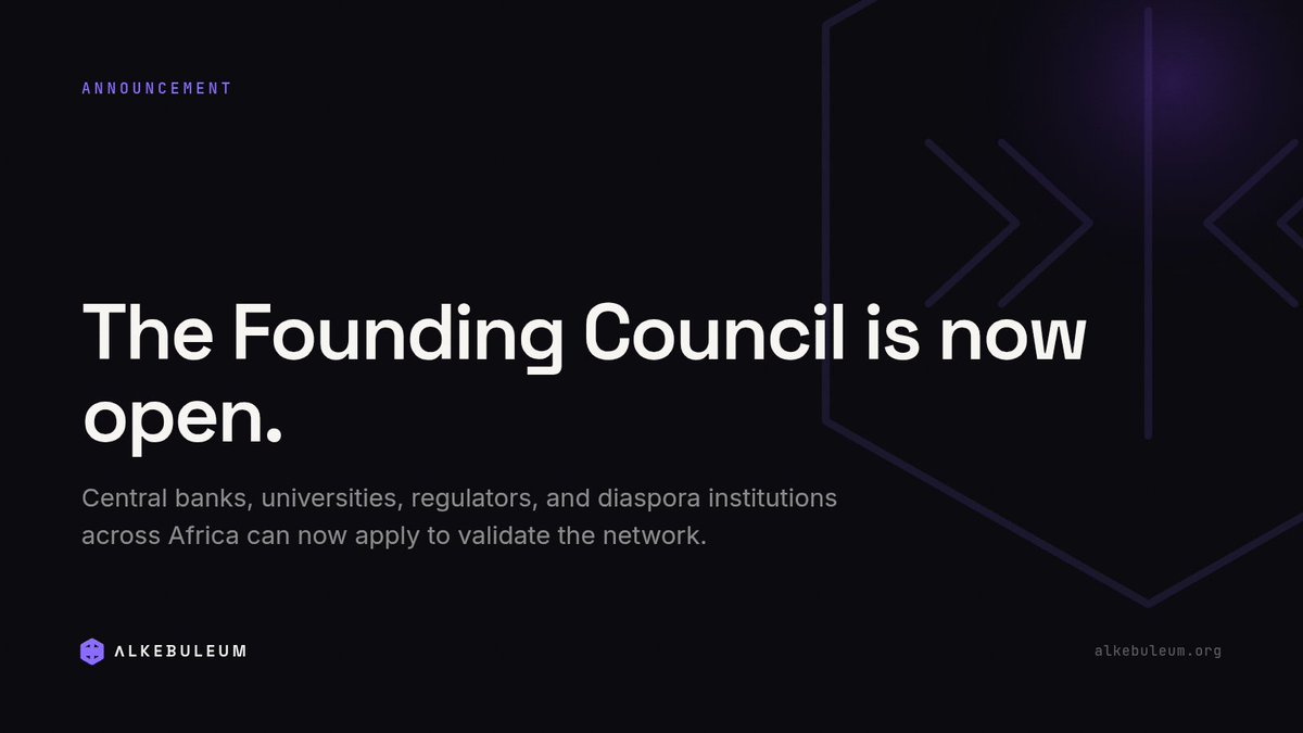 alkebuleum's tweet photo. The Founding Council is now open.

Central banks, universities, regulators, and diaspora institutions across Africa can now apply to validate the network.

#Alkebuleum #Council #Alke #blockchain #Africatech https://t.co/dRqG9dquHZ