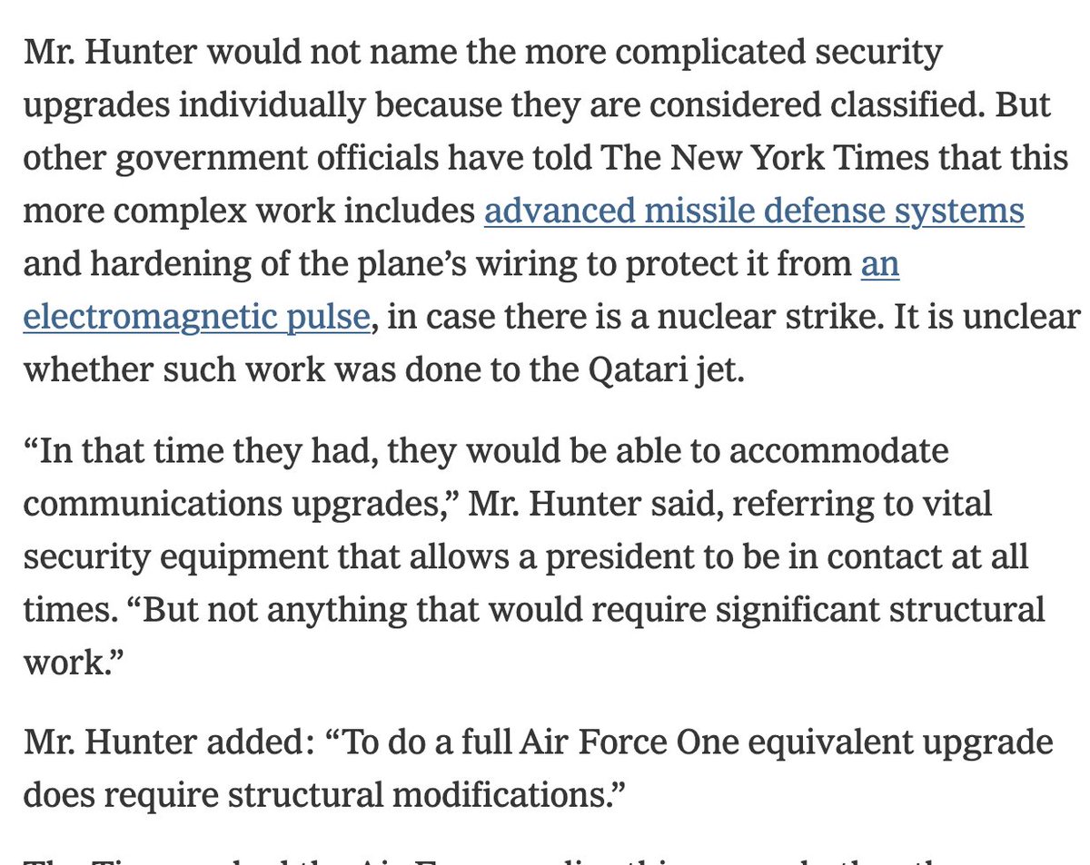 emptywheel's tweet photo. Turns out that when you accept a bribe you harm security -- literally, in the case of the Flying Bribery Palace.

Trump COULDN'T even resist accepting the bribe even though it put himself at risk.

https://t.co/doQMMDT9YY https://t.co/DpcmiNq9yq