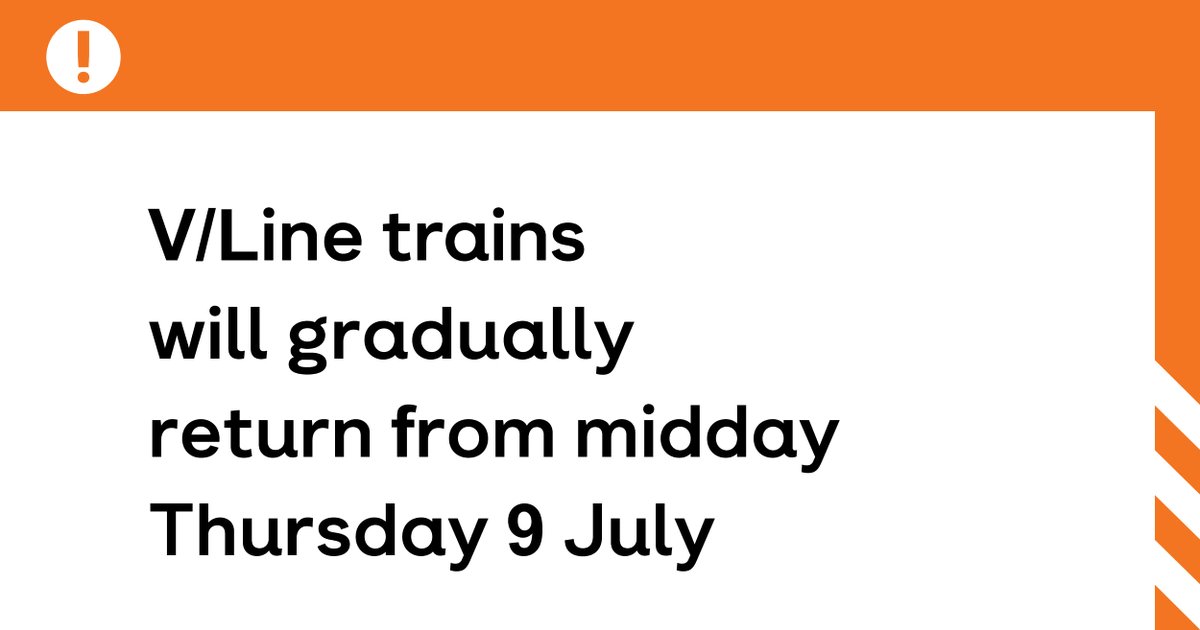 VLine's tweet photo. Trains will gradually return from midday following the Telstra outage. Delays and cancellations may continue across the day as we work to recover the full timetable. Please check the V/Line website or mobile app for up-to-date information. https://t.co/WMukCsSNtr https://t.co/F4X1IrUX6y