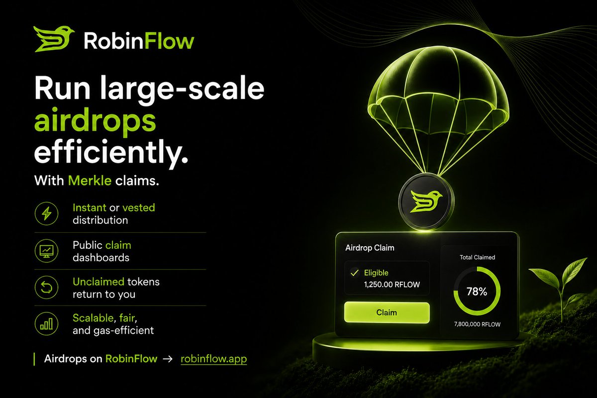 RobinFlow_App's tweet photo. Run large-scale airdrops efficiently with Merkle claims.  

Instant or vested distribution + public claim dashboards.  

Unclaimed tokens automatically return to you. 

Scalable, fair, and gas-efficient.  

Airdrops on RobinFlow → https://t.co/WkmPS4wOGk https://t.co/8igWd3bXtX